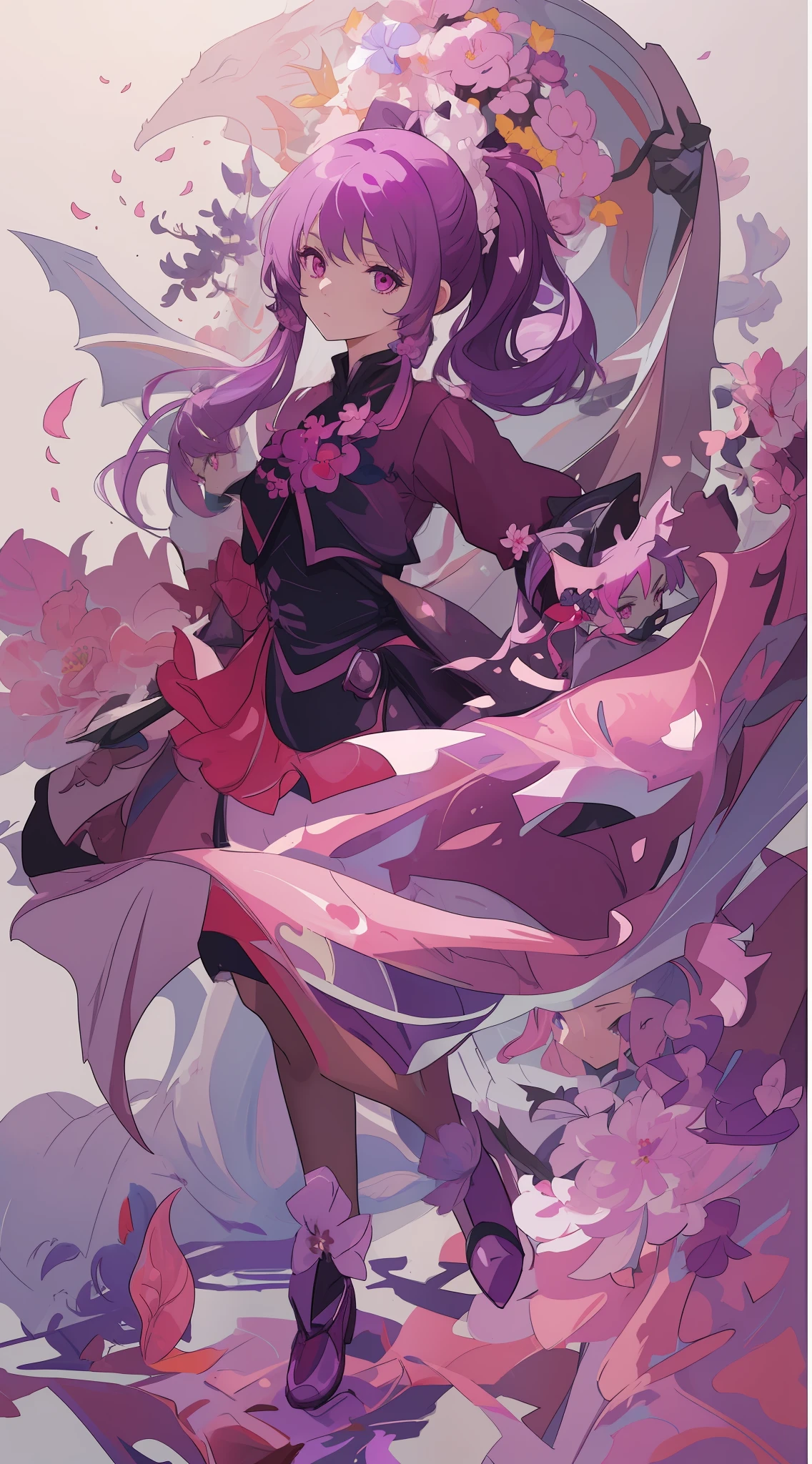 ((Masterpiece, Best Quality)), (Negative Space: 1.2), (1 Girl, Solo: 1.4), Petals, Pink Eyes, Dragon Girl, Long, Purple Hair, High Ponytail, Liquid Hair, Flowers, Dragon Background