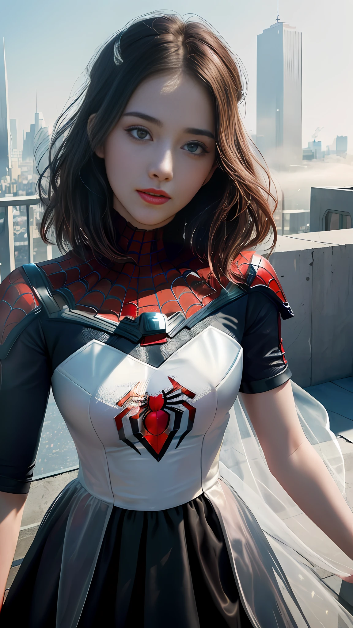 (1girl:1.3), Solo, (((Very detailed face)))), ((Very detailed eyes and face)))), Beautiful detail eyes, Body parts__, Official art, Unified 8k wallpaper, Super detailed, beautiful and beautiful, beautiful, masterpiece, best quality, original, masterpiece, super fine photo, best quality, super high resolution, realistic realism, sunlight, full body portrait, amazing beauty, dynamic pose, delicate face, vibrant eyes, (from the front), She wears Spider-Man suit, red and black color scheme, spider, very detailed city roof background, rooftop, overlooking the city, detailed face, detailed complex busy background, messy, gorgeous, milky white, highly detailed skin, realistic skin details, visible pores, clear focus, volumetric fog, 8k uhd, DSLR, high quality, film grain, fair skin, photo realism, lomography, futuristic dystopian megalopolis, translucent