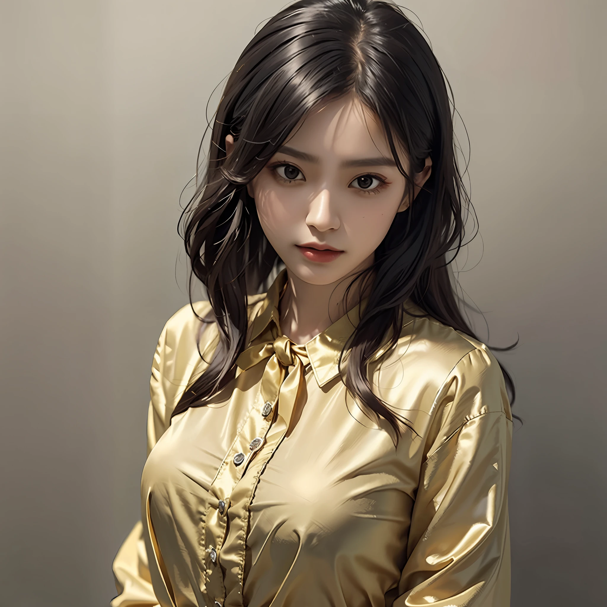 Wearing a blouse, wearing a silk blouse, blouse material is smooth and soft, blouse color is black or gold, blouse buttons fasten, emphasis on breasts with a body-fitting blouse, no bra, Japan fashion model, wearing a shirt, Japan model, shiny blouse,