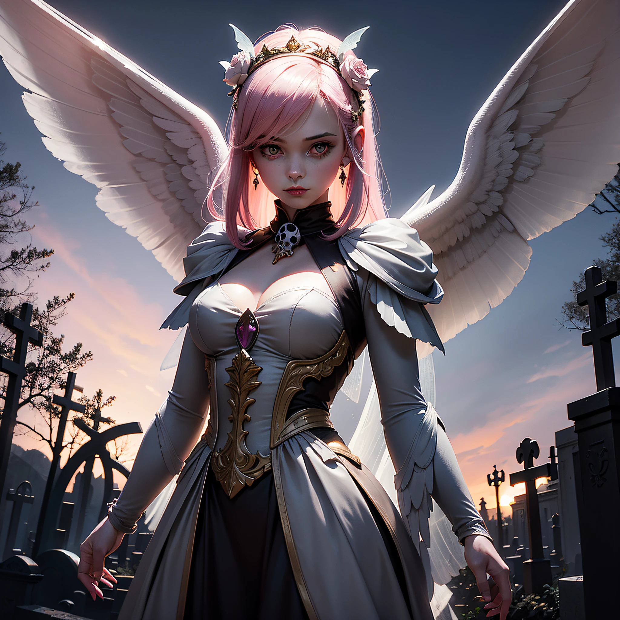 Fairy, (Fairy), pink skull head, grey and yellow sword hands, undead, creepy looking, bone fairy wings, well placed wings, in a graveyard at night, masterpiece, best quality