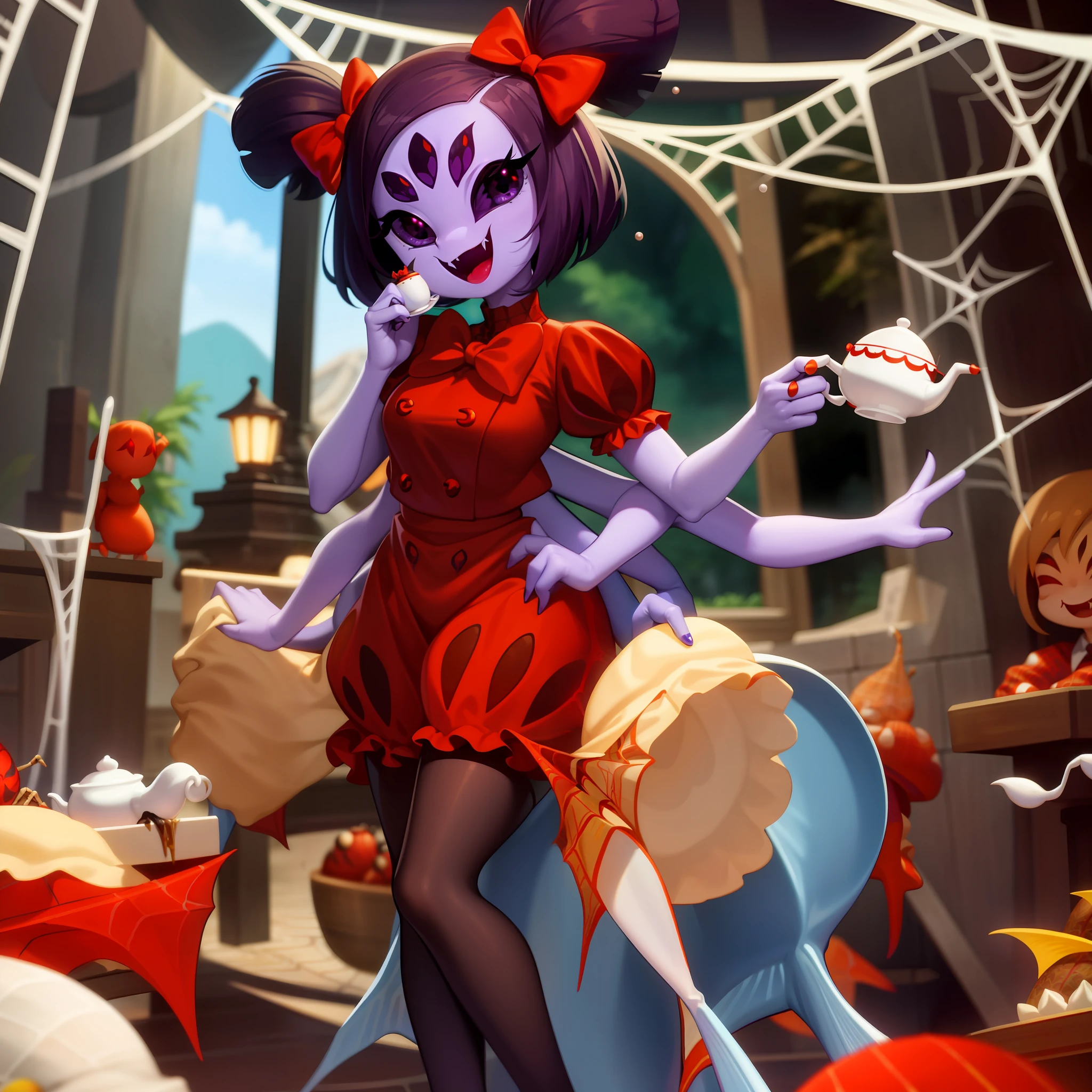 masterpiece, best quality, a beautiful and detailed portriat of muffet,(muffetwear), monster girl,((purple body:1.3)),humanoid, arachnid, anthro,((fangs)),pigtails,hair bows,5 eyes,spider girl,6 arms,solo,smile, clothed, open mouth, awesome and detailed background, holding teapot, holding teacup, 6 hands,detailed hands,((spider webs:1.4)), storefront that sells pastries and tea,bloomers,(red and black clothing),inside,pouring into teacup,wide angle lens, ((fish eye effect)) ,armwear