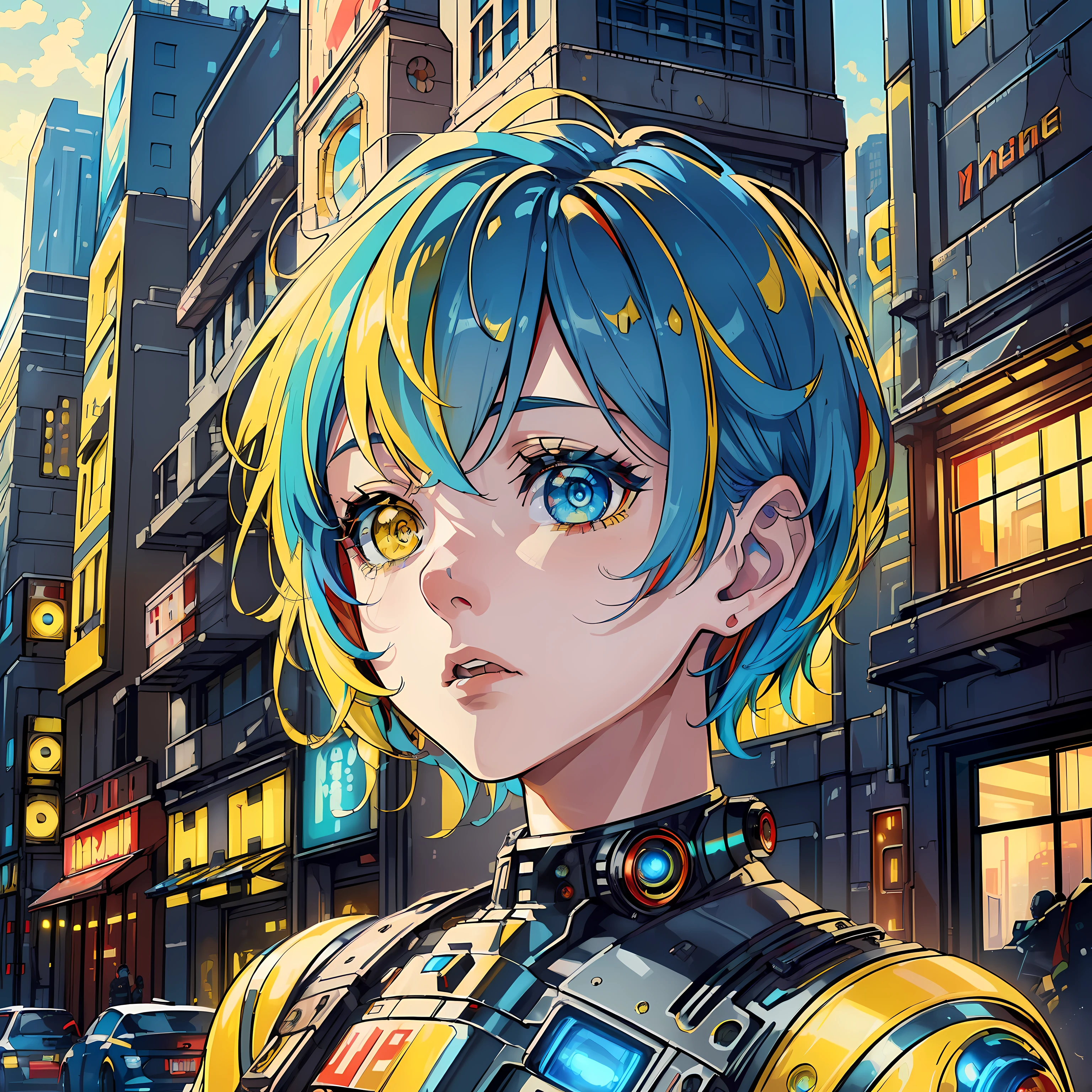 (masterpiece:1.3), (best cinematic quality:1.2), (extremely detailed setting:2), (soft+artistic lighting), (1boy), short blue haired, (eyes+yellow+red:1.4), (multicolored eyes+heterochromia), wearing cyberpunk clothes, futuristic, technological, city scenery with (robots around)0.4], giving dramatic scenery.