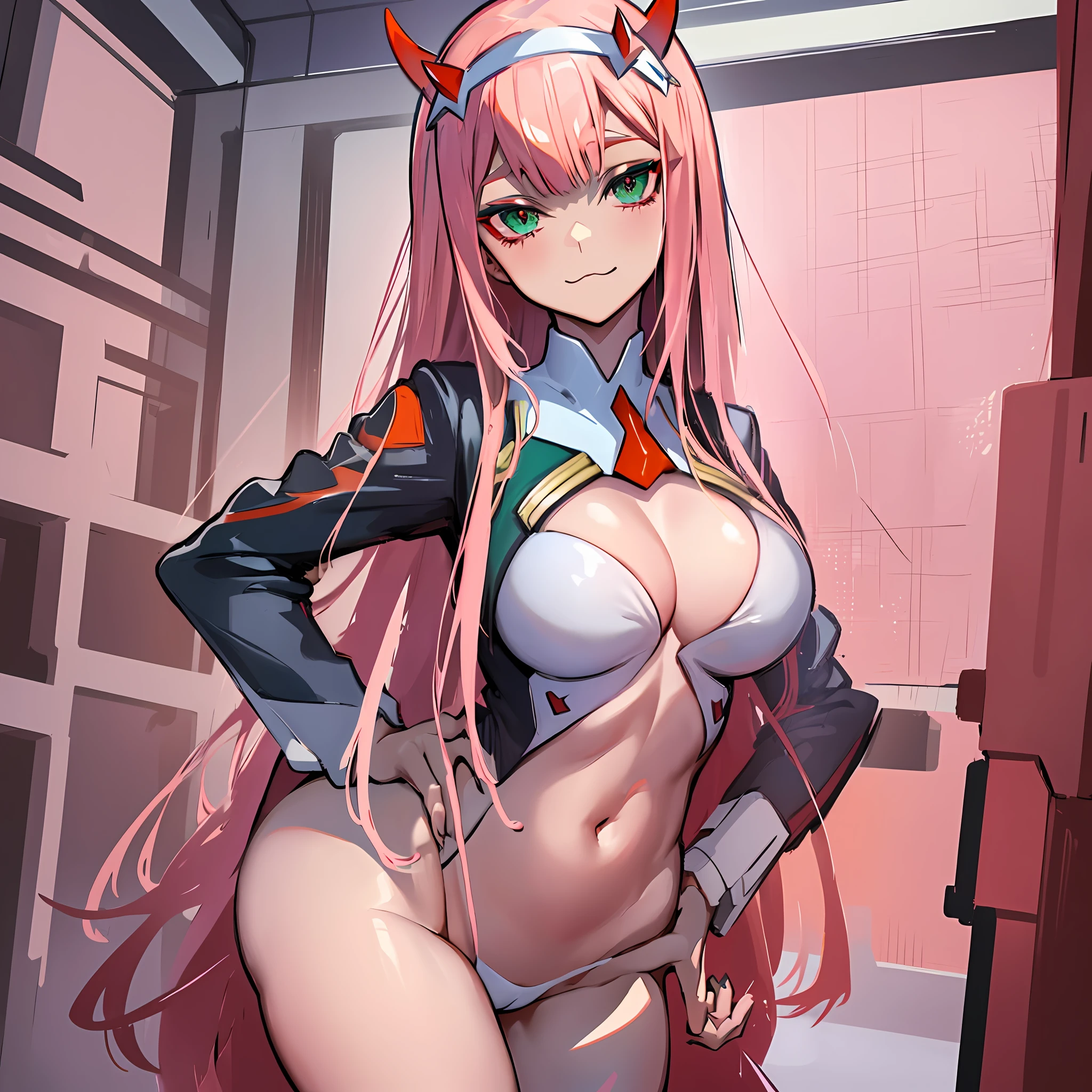 zero two \(darling in the franxx\), darling in the franxx, 1girl, bangs, biting, blush, covered navel, eyeshadow, green eyes, hair behind head, hand on hip, horns, smile, long hair, looking at viewer, makeup, pilot suit, red suit, pink hair, red eyeshadow, science fiction, skin tight, solo, ((masterpiece)),(breast:1.4), 8k, (thick thighs:1.3), beautiful, ( camel toe: 3), full body picture