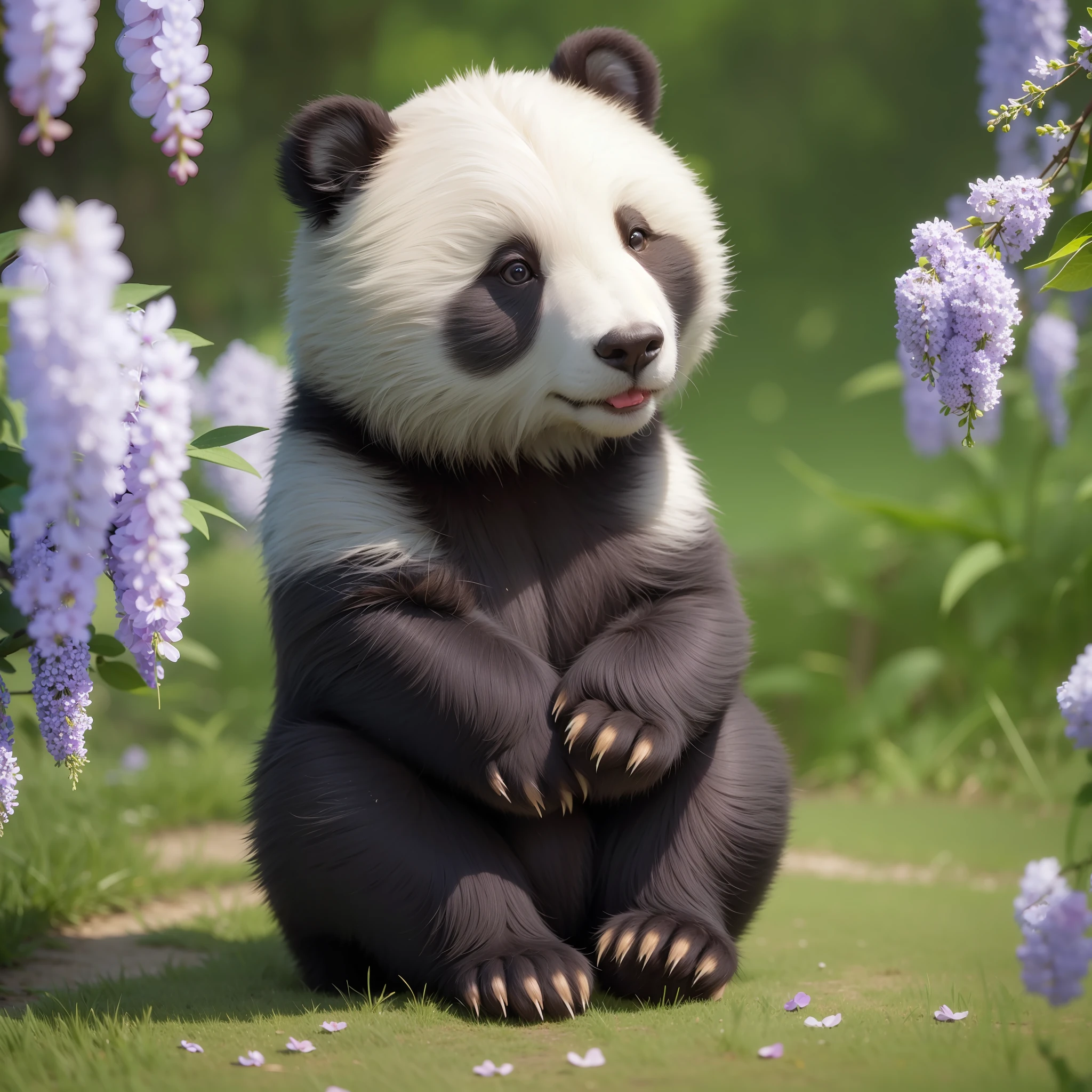 8K, 1 juvenile bear, cute sitting on the ground, (shiny and shiny hair: 1.5), (exquisite detail depiction: 1.5), cute giant panda named Wahua, characteristics of giant panda, round body, white short tail, black limbs, standing on both feet, smiling at the audience, in the wisteria forest, grass, wide-angle lens, HD quality, exquisite detail description