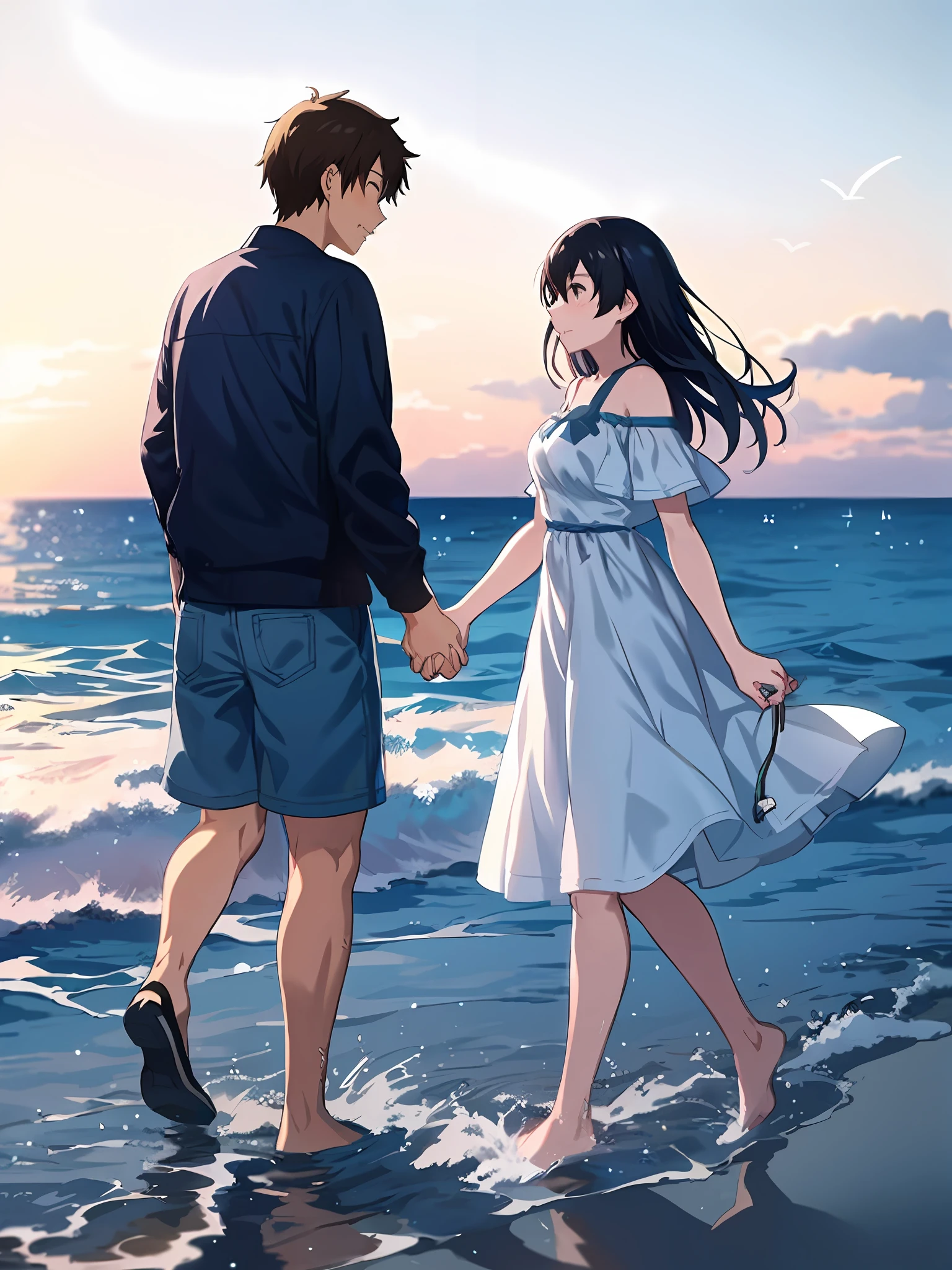 anime couple walking on the beach holding hands, sakimichan and makoto shinkai, guweiz and makoto shinkai, ( ( makoto shinkai ) ), makoto shinkai. —h 2160, in style of makoto shinkai, ross tran and makoto shinkai, makoto shinkai cyril rolando