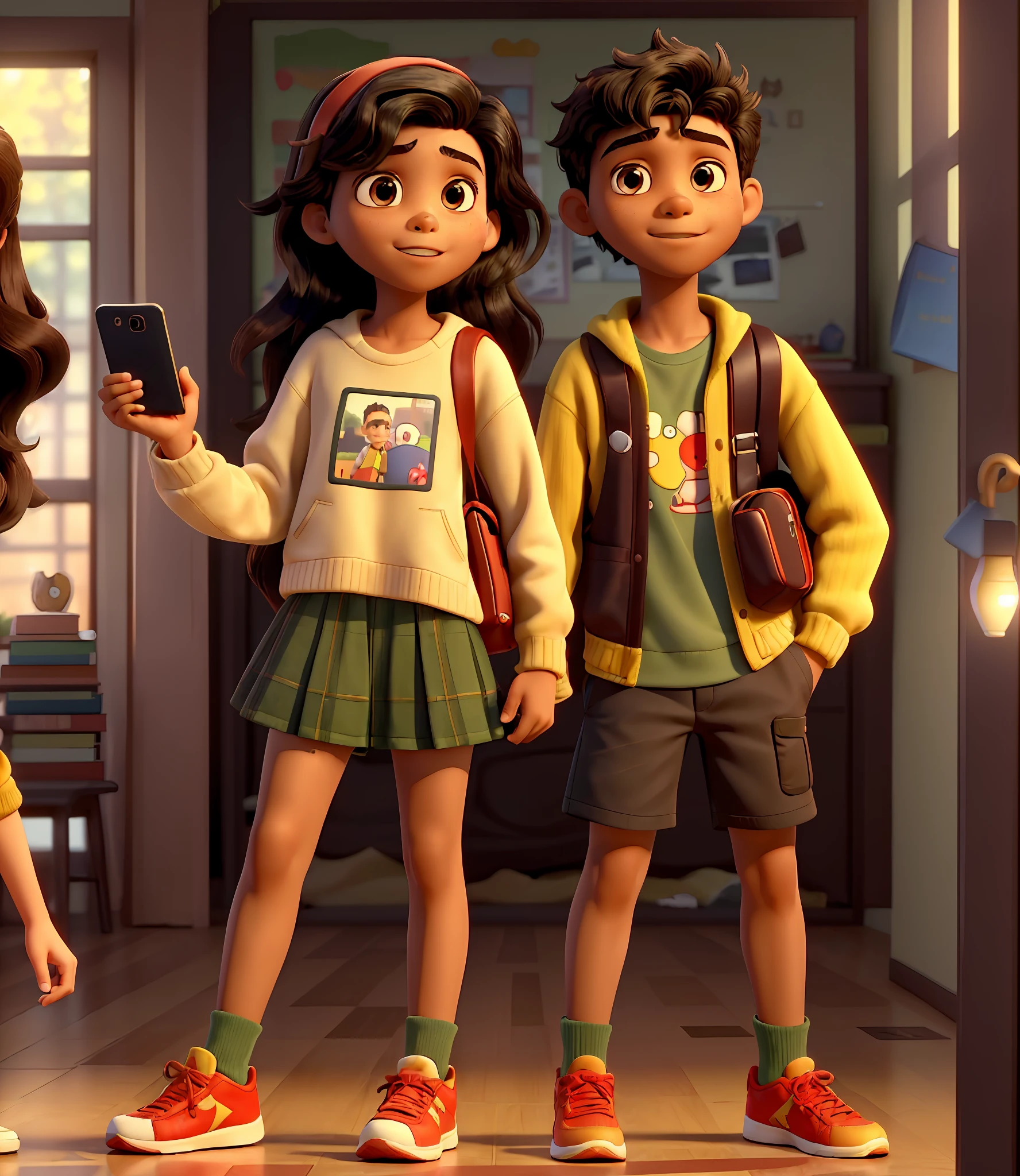 ((Masterpiece, Best Picture Quality)), (Complex Lighting), A Boy, Black Hair, A Girl, Long Brown Hair, Girl Holding a Red Phone, Boy Holding a Black Phone, Full Body Close-Up, Personal Image, Child, Sherman (Partner), Girl Wearing Light Yellow Sweater and Short Skirt, Boy Wearing Green Sweatshirt, Black Shorts, Sneakers, Classroom.