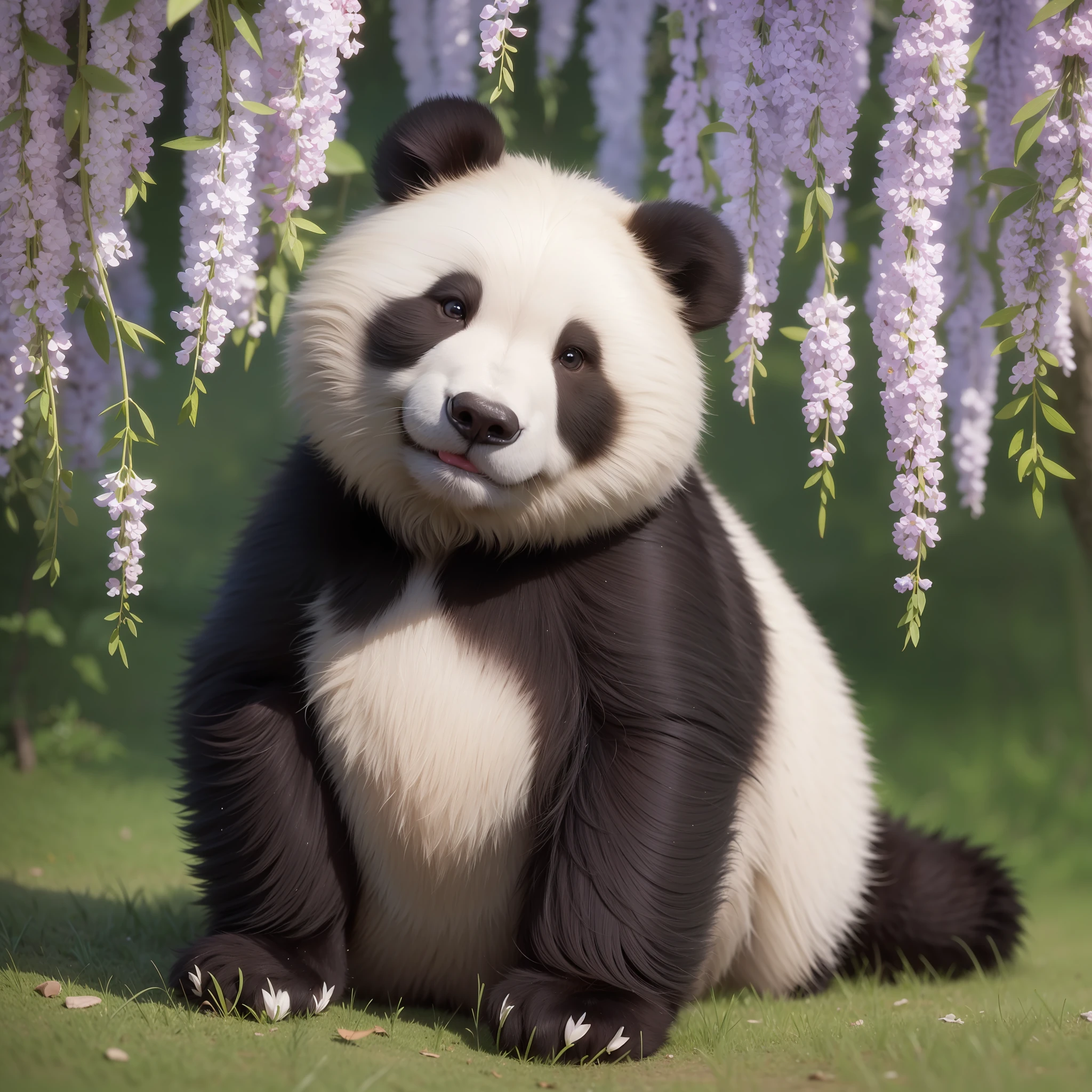 8K, 1 juvenile bear, cute sitting on the ground, (shiny and shiny hair: 1.5), (exquisite detail depiction: 1.5), cute giant panda named Wahua, characteristics of giant panda, round body, white short tail, black limbs, standing on both feet, smiling at the audience, in the wisteria forest, grass, wide-angle lens, HD quality, exquisite detail description