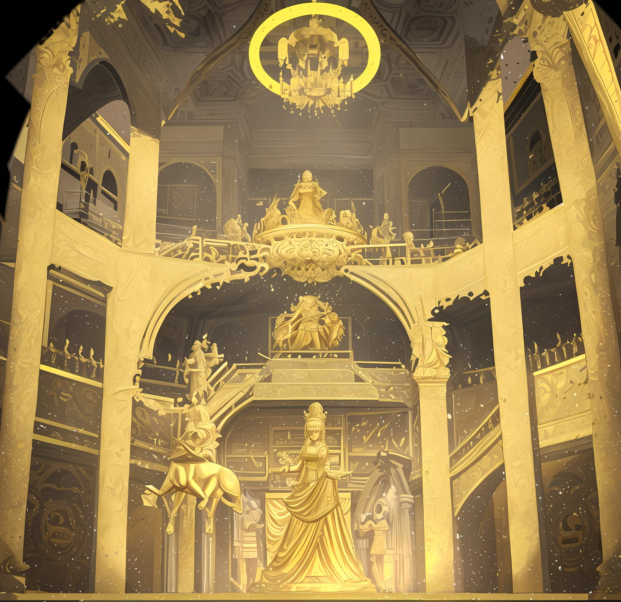 Interior of a golden palace, with a golden statue destroyed in the middle.