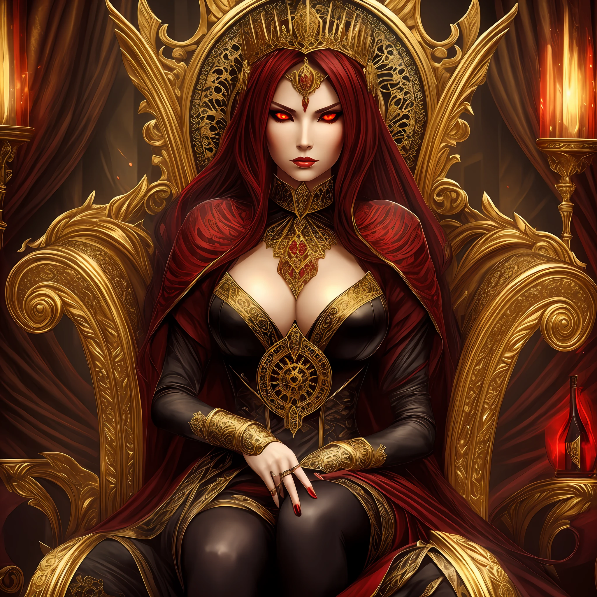 Extremely beautiful woman gold cobertra sitting on golden throne red eyes gothic style --auto --s2