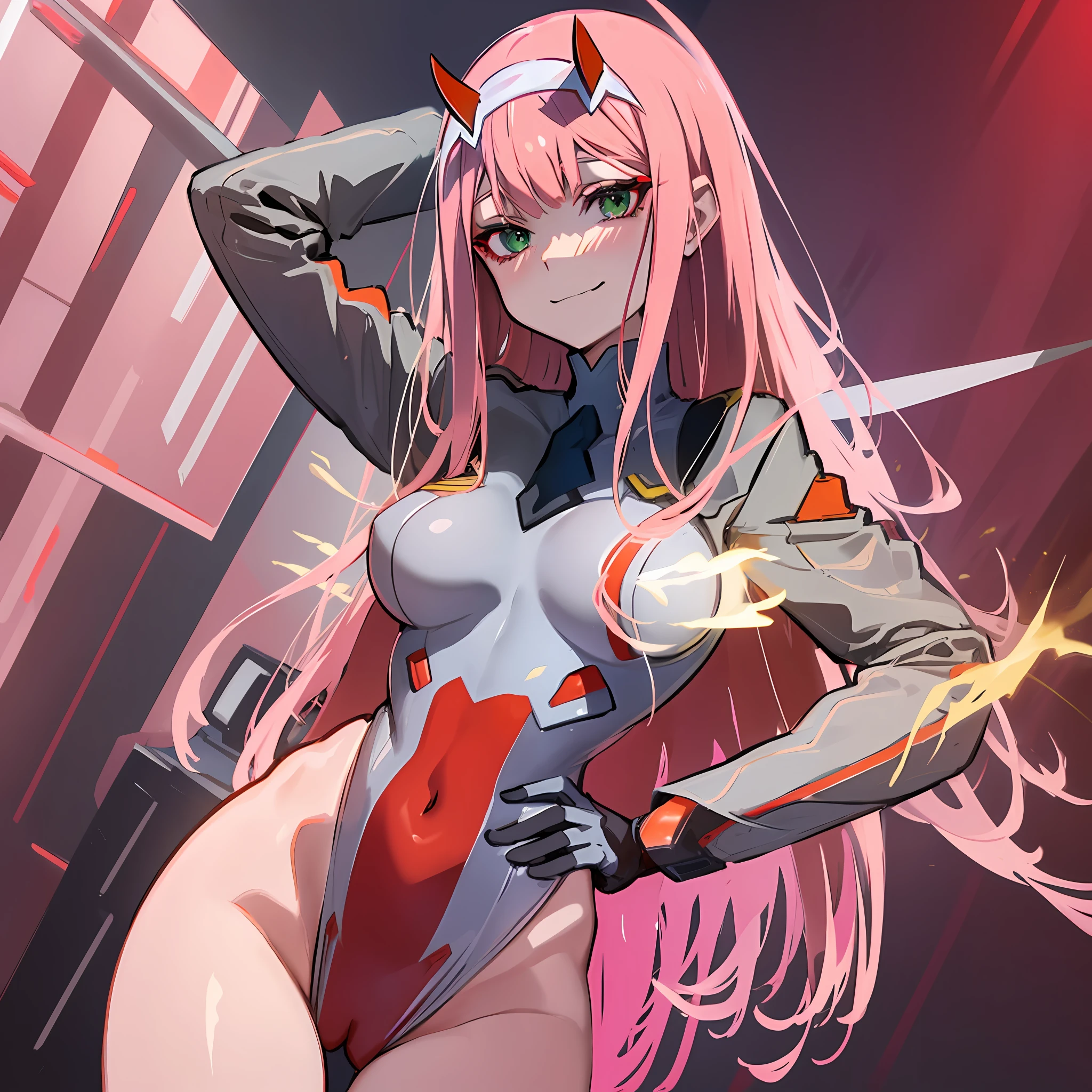 zero two \(darling in the franxx\), darling in the franxx, 1girl, bangs, biting, blush, covered navel, eyeshadow, green eyes, hair behind head, hand on hip, horns, smile, long hair, looking at viewer, makeup, pilot suit, red suit, pink hair, red eyeshadow, science fiction, skin tight, solo, ((masterpiece)),(breast:1.4), 8k, (thick thighs:1.3), beautiful, huge camel toe, full body picture