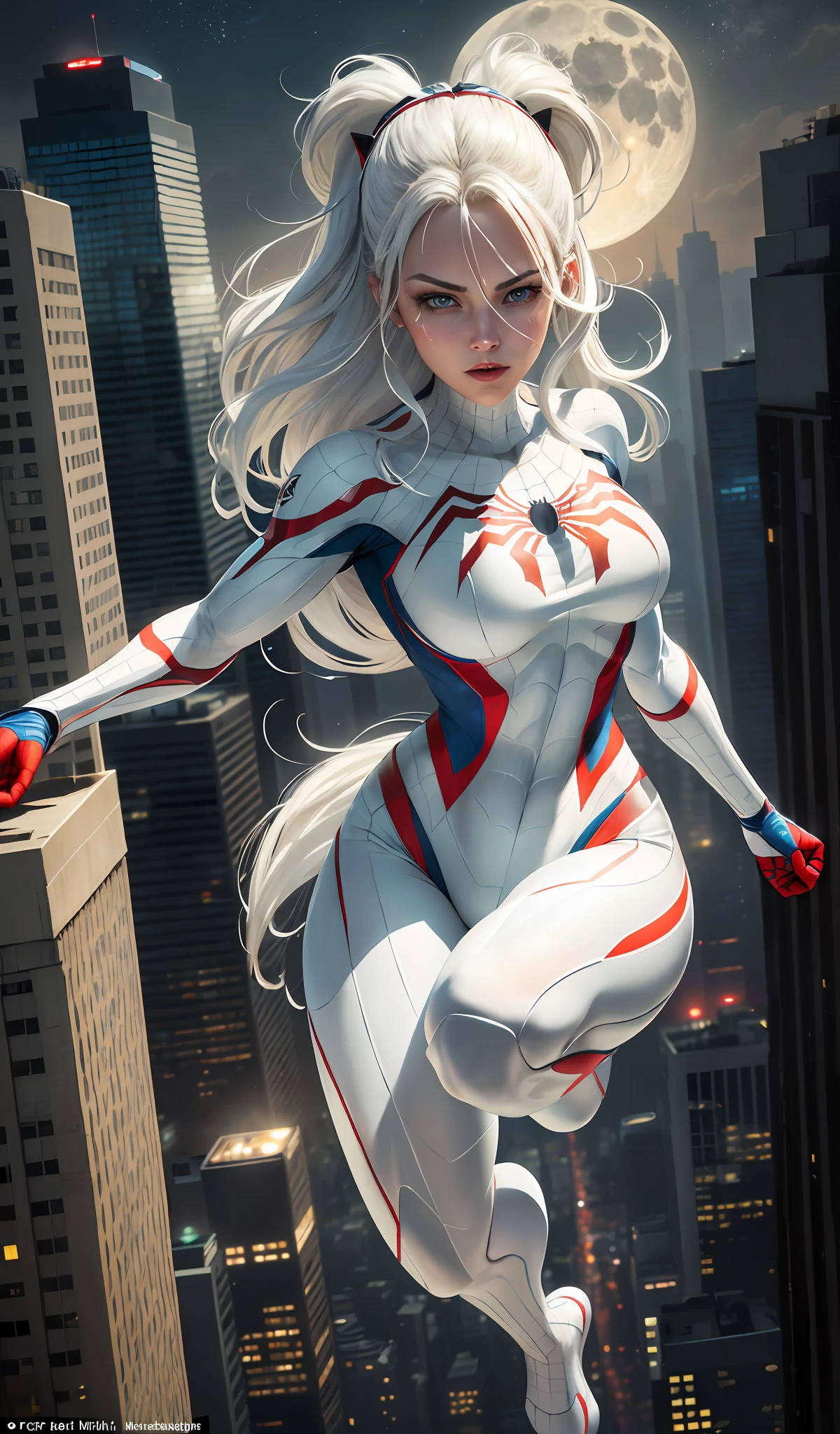 (Masterpiece, 4k resolution, ultra-realistic, very detailed), (White superhero theme, charismatic, there's a girl on top of town, wearing Spider-Man costume, she's a superhero), [ ((25 years), (long white hair:1.2), full body, (blue eyes:1.2), ((Spider-Man pose),show of strength, jumping from one building to another), ((sandy urban environment):0.8)| (cityscape, at night, dynamic lights), (full moon))] # Explanation: The Prompt mainly describes a 4K painting of ultra-high definition, very realistic, very detailed. It shows a superheroine at the top of the city, wearing a Spider-Man costume. The theme in the painting is a white superhero theme, the female protagonist has long white hair, is 25 years old and her entire body is shown in the painting. In terms of portraying the actions of superheroines, spiders are employed