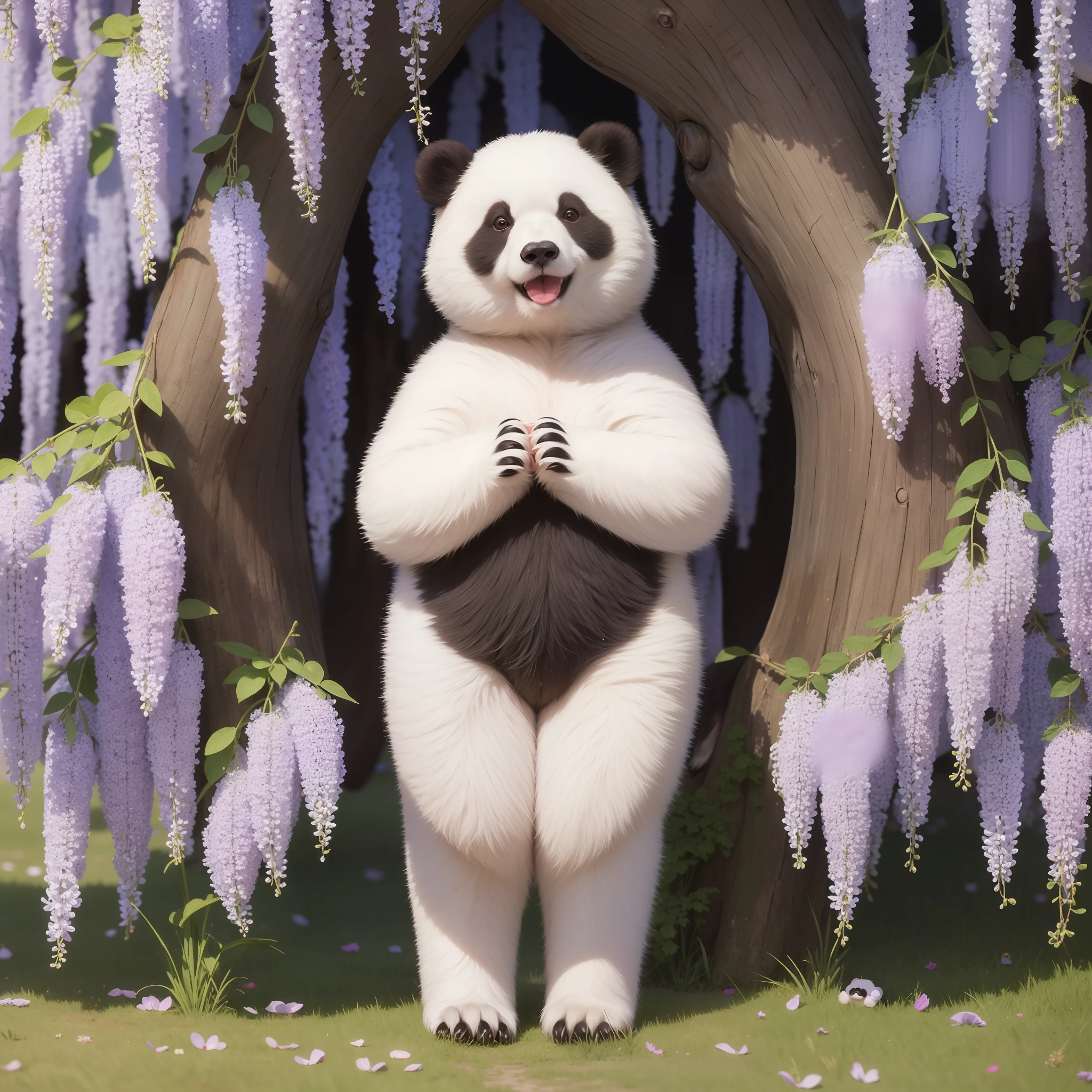 8K, 1 juvenile bear, cute (shiny and shiny hair: 1.5), (exquisite detail depiction: 1.5), cute giant panda named Waka, characteristics of giant panda, round body, white short tail, black limbs, standing on both feet, smiling at the audience, in the wisteria forest, grass, wide-angle lens, HD picture quality, exquisite detail description