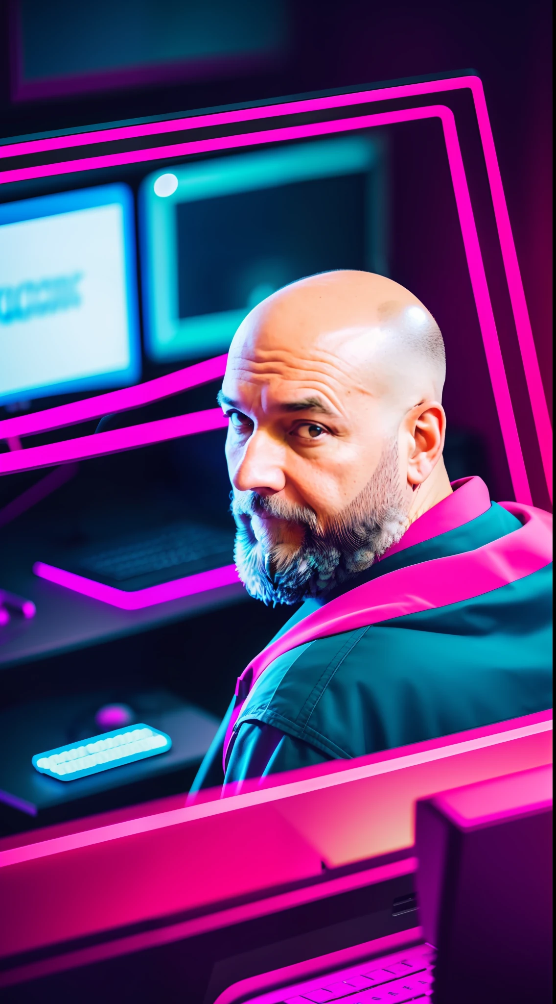40 year old bald man sitting, computers around, (a huge owl bird on his shoulder), red owl, cyberpunk style, image angle from above, dramatic light, neon blue light with pink, vibrant colors, high quality, high definition, 16k, uhd, severe low lighting, high quality, sharp focus, fujifilm XT3, Fine composition, super detailed, best quality.