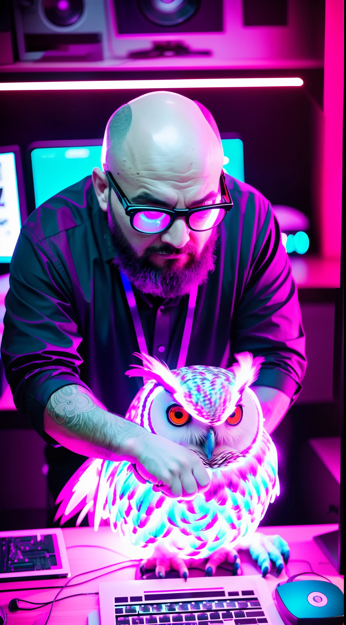 40 year old bald man sitting, computers around, (a huge owl bird on his shoulder), red owl, cyberpunk style, image angle from above, dramatic light, neon blue light with pink, vibrant colors, high quality, high definition, 16k, uhd, severe low lighting, high quality, sharp focus, fujifilm XT3, Fine composition, super detailed, best quality.