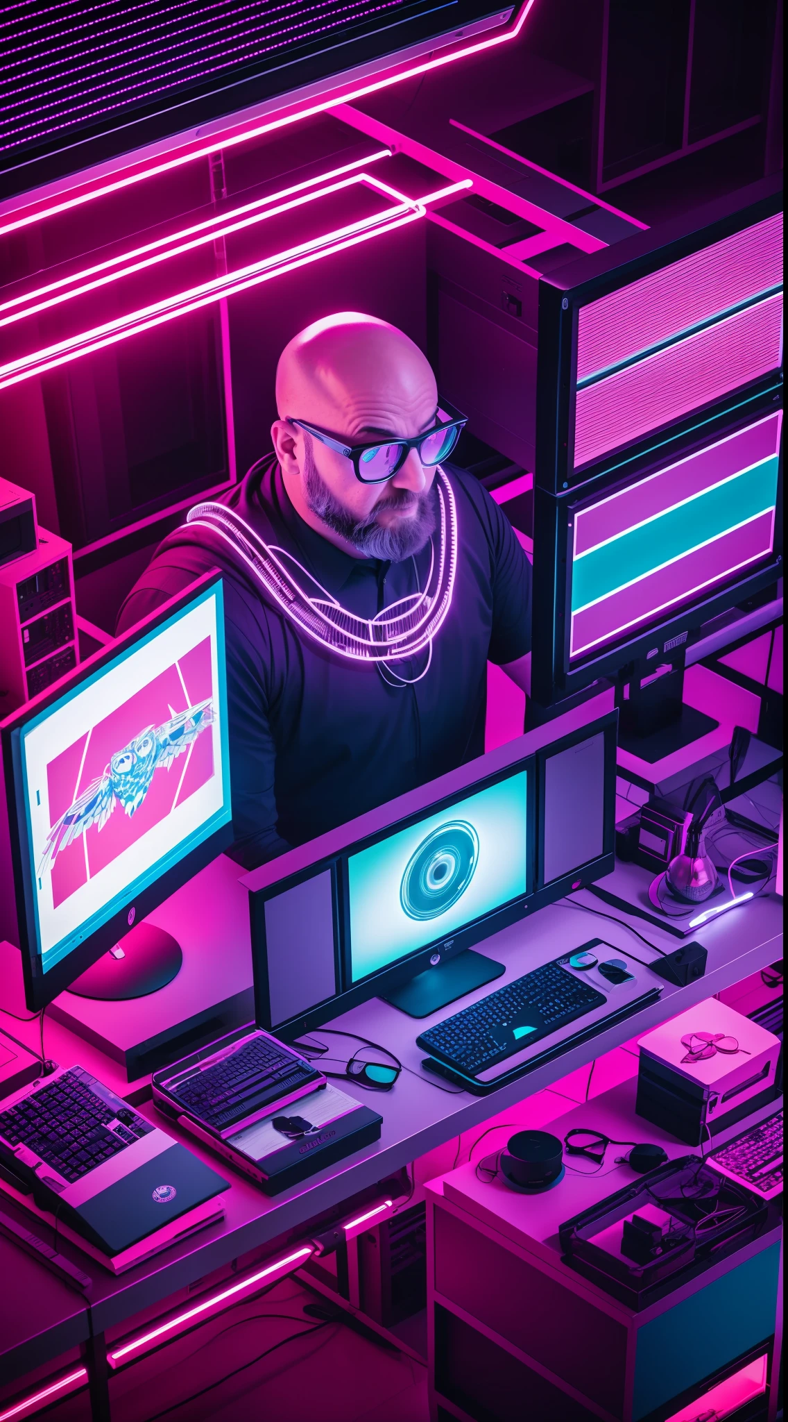 40 year old bald man sitting, computers around, (a huge owl bird on his shoulder), red owl, cyberpunk style, image angle from above, dramatic light, neon blue light with pink, vibrant colors, high quality, high definition, 16k, uhd, severe low lighting, high quality, sharp focus, fujifilm XT3, Fine composition, super detailed, best quality.