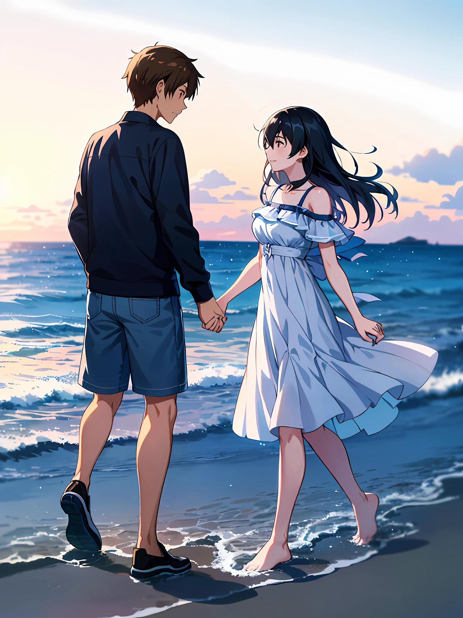 anime couple walking on the beach holding hands, sakimichan and makoto shinkai, guweiz and makoto shinkai, ( ( makoto shinkai ) ), makoto shinkai. —h 2160, in style of makoto shinkai, ross tran and makoto shinkai, makoto shinkai cyril rolando