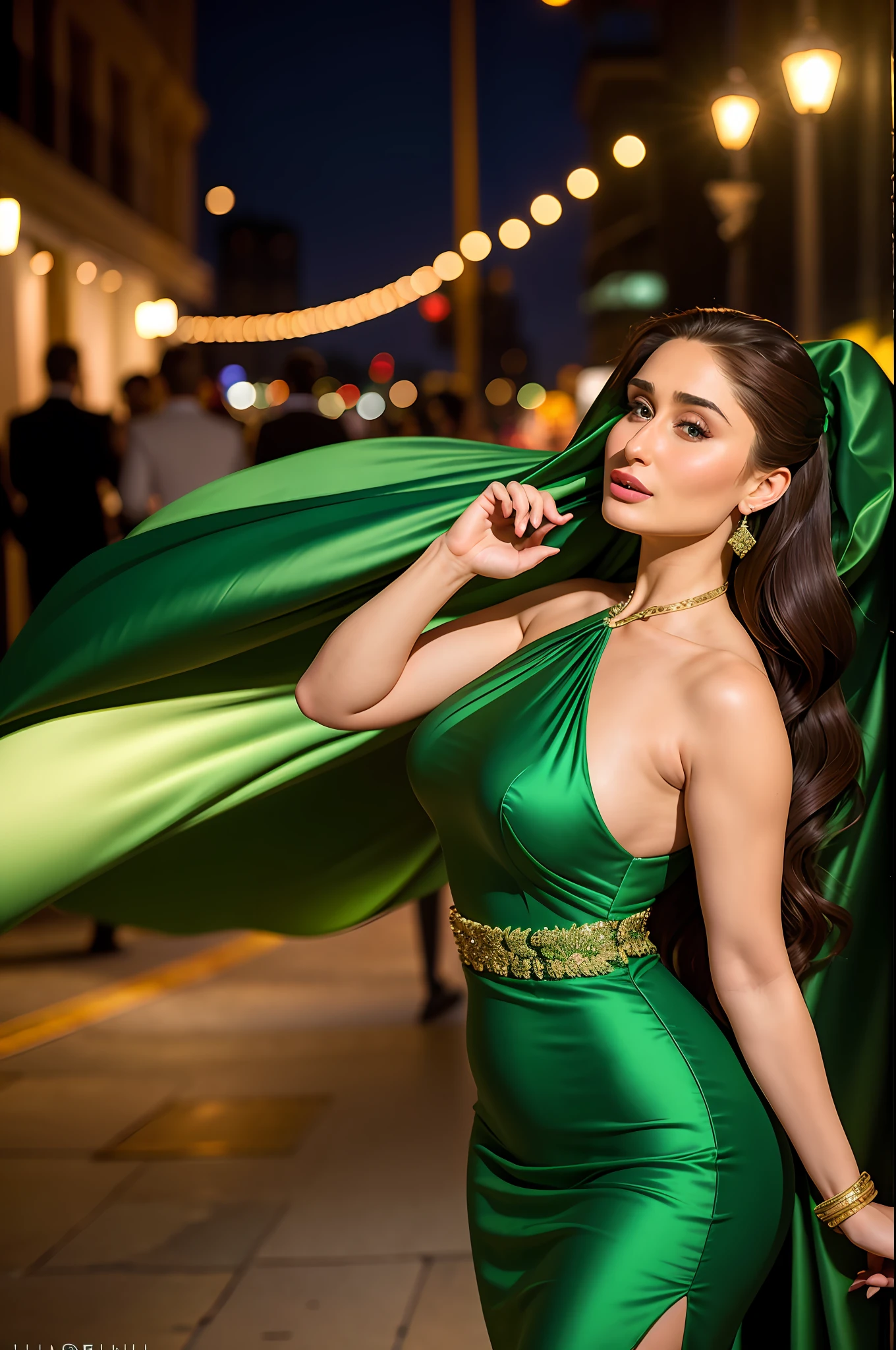 a woman looks like kareena kapoor wearing luxury dress, green dress, elegant dress,
good hand,4k, high-res, masterpiece, best quality, head:1.3,((Hasselblad photography)), finely detailed skin, sharp focus, (cinematic lighting), collarbone, night, soft lighting, dynamic angle, [:(detailed face:1.2):0.2], huge breasts, outside, city,luxury party,