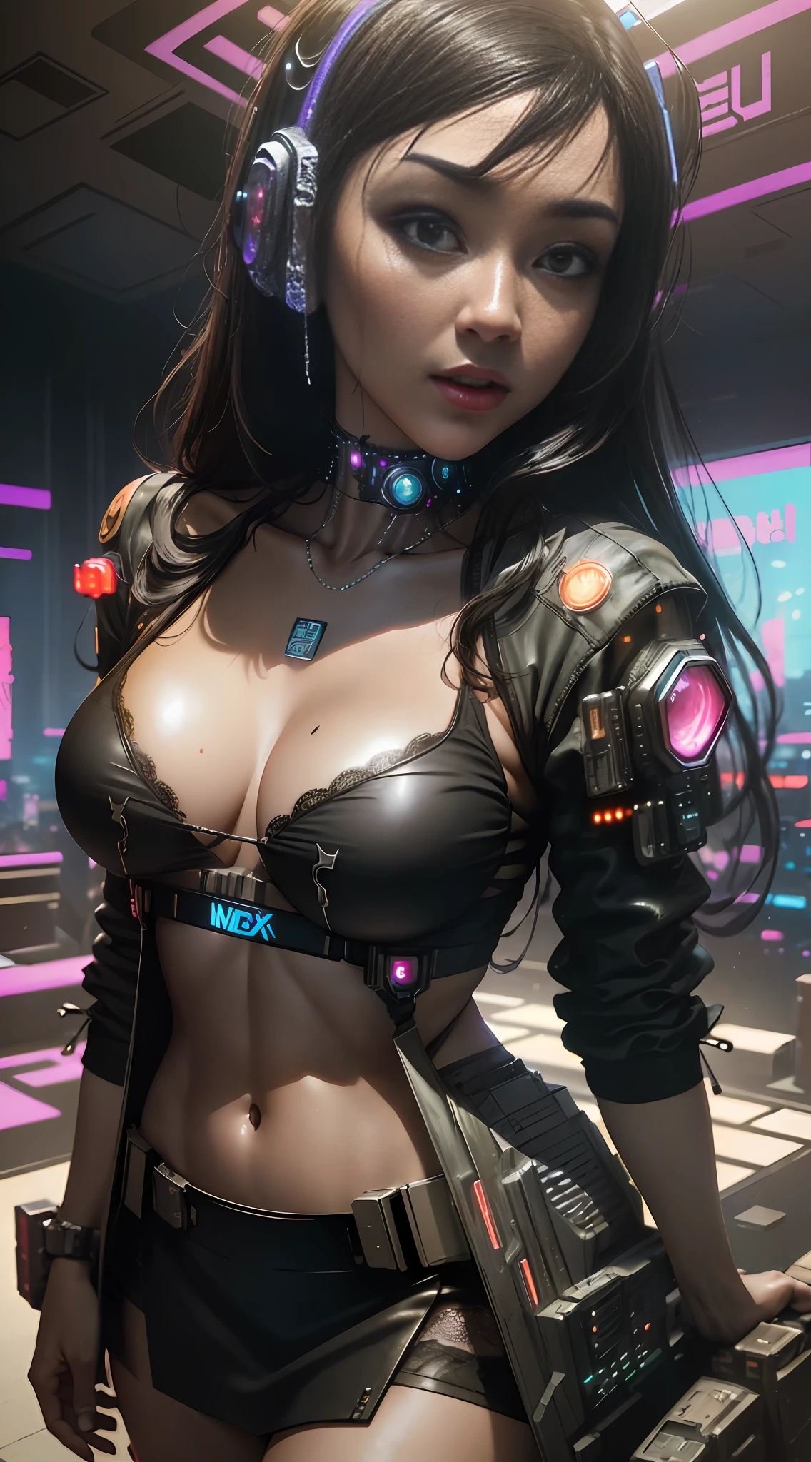 ((Best quality)), ((masterpiece)), (highly detailed:1.3), 3D, beautiful, (cyberpunk:1.6), in space, nebulous, (holding_sex toys:1.3), laser, (1Female mecha:1.3), naked sexy body, facing the audience, bright eyes, naked whole body, (flying, descending, dynamic, motion blur around: 1.4), (huge wings of wicks: 1.6), looking up, glowing_eyes, mecha, panorama, background is earth,  nebula, space, particles, Reality, HDR (High Dynamic Range), Ray Tracing, NVIDIA RTX, Super Resolution, Unreal 5, Subsurface Scattering, PBR Textures, Post-Processing, Anisotropic Filtering, Depth of Field, Maximum Clarity and Clarity, Multilayer Textures, Albedo and Specular Maps, Surface Shading, Accurate Simulation of Light-Material Interaction, Perfect Proportions, Octane Render, Two-Tone Lighting, Large Aperture, Low ISO,  white balance, rule of thirds, 8K RAW, efficient sub-pixel, sub-pixel volume product, (best quality), (Japanese: 0.5), (Korean: 0.8), (Liu Yi Fei: 1.5) long hair, (large chest: 1.2), (underboob: 1.5), (black transparent lace mini skirt: 1.5)