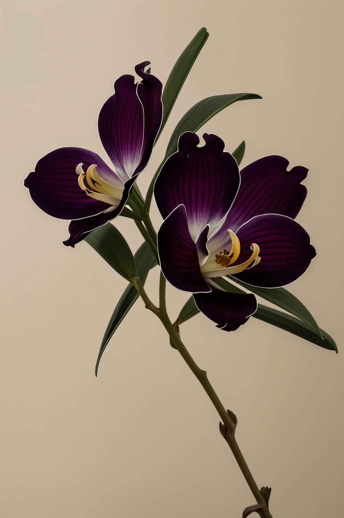 CYMBIDIUM KIWI MIDNIGHT BLACK ORCHID blooming on a branch against a black background, simple background, in light orange and light beige style, minimalist images, photographic installations, paleocore, green and crimson, hyper-realistic poetic intimacy