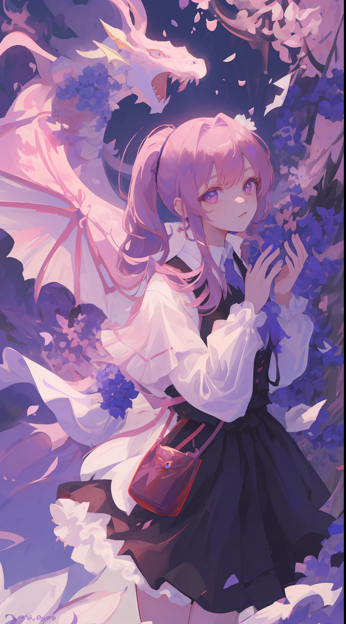 ((Masterpiece, Best Quality)), (Negative Space: 1.2), (1 Girl, Solo: 1.4), Petals, Pink Eyes, Dragon Girl, Long, Purple Hair, High Ponytail, Liquid Hair, Flowers, Dragon Background