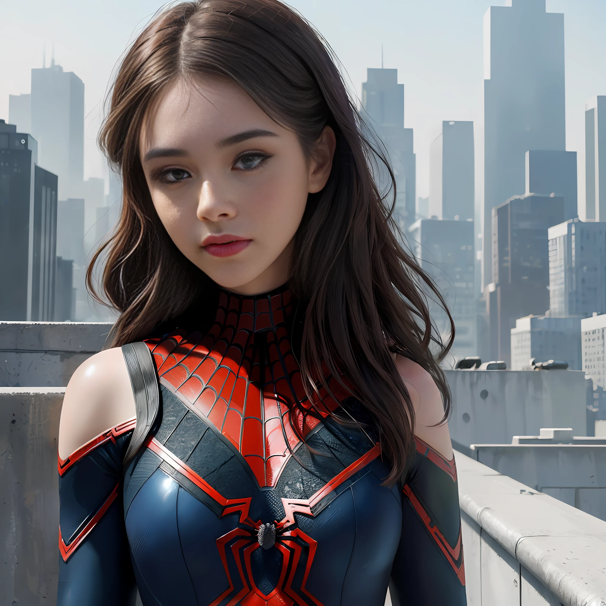 (1girl:1.3), Solo, (((Very detailed face)))), ((Very detailed eyes and face)))), Beautiful detail eyes, Body parts__, Official art, Unified 8k wallpaper, Super detailed, beautiful and beautiful, beautiful, masterpiece, best quality, original, masterpiece, super fine photo, best quality, super high resolution, realistic realism, sunlight, full body portrait, amazing beauty, dynamic pose, delicate face, vibrant eyes, (from the front), She wears Spider-Man suit, red and black color scheme, spider, very detailed city roof background, rooftop, overlooking the city, detailed face, detailed complex busy background, messy, gorgeous, milky white, highly detailed skin, realistic skin details, visible pores, clear focus, volumetric fog, 8k uhd, DSLR, high quality, film grain, fair skin, photo realism, lomography, futuristic dystopian megalopolis, translucent