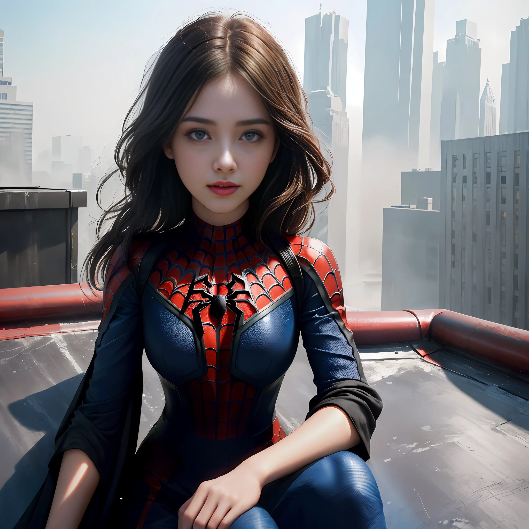(1girl:1.3), Solo, (((Very detailed face)))), ((Very detailed eyes and face)))), Beautiful detail eyes, Body parts__, Official art, Unified 8k wallpaper, Super detailed, beautiful and beautiful, beautiful, masterpiece, best quality, original, masterpiece, super fine photo, best quality, super high resolution, realistic realism, sunlight, full body portrait, amazing beauty, dynamic pose, delicate face, vibrant eyes, (from the front), She wears Spider-Man suit, red and black color scheme, spider, very detailed city roof background, rooftop, overlooking the city, detailed face, detailed complex busy background, messy, gorgeous, milky white, highly detailed skin, realistic skin details, visible pores, clear focus, volumetric fog, 8k uhd, DSLR, high quality, film grain, fair skin, photo realism, lomography, futuristic dystopian megalopolis, translucent