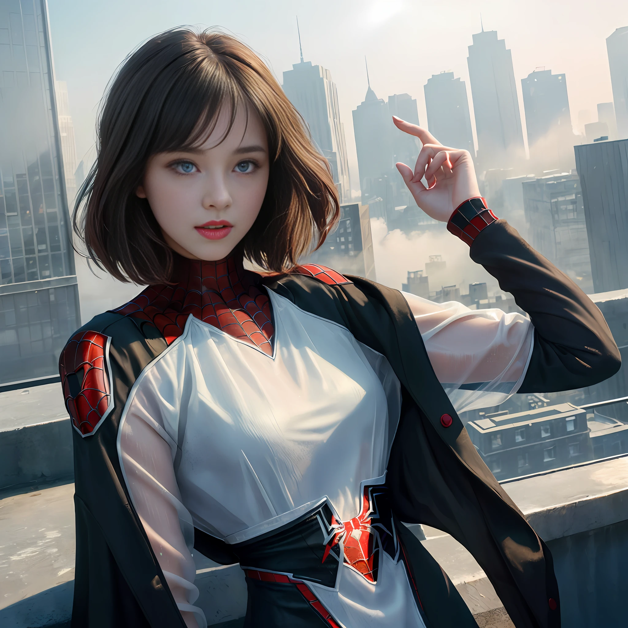 (1girl:1.3), Solo, (((Very detailed face)))), ((Very detailed eyes and face)))), Beautiful detail eyes, Body parts__, Official art, Unified 8k wallpaper, Super detailed, beautiful and beautiful, beautiful, masterpiece, best quality, original, masterpiece, super fine photo, best quality, super high resolution, realistic realism, sunlight, full body portrait, amazing beauty, dynamic pose, delicate face, vibrant eyes, (from the front), She wears Spider-Man suit, red and black color scheme, spider, very detailed city roof background, rooftop, overlooking the city, detailed face, detailed complex busy background, messy, gorgeous, milky white, highly detailed skin, realistic skin details, visible pores, clear focus, volumetric fog, 8k uhd, DSLR, high quality, film grain, fair skin, photo realism, lomography, futuristic dystopian megalopolis, translucent