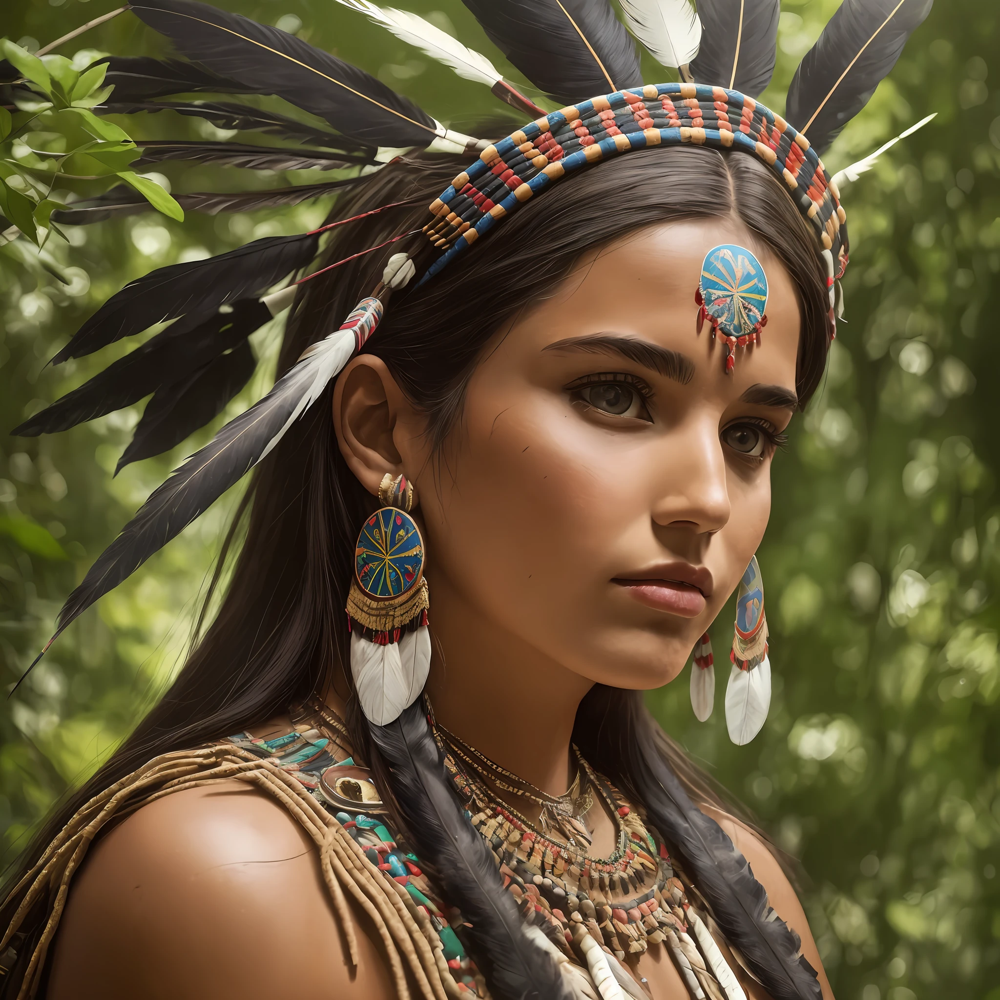 Woman of 28 years South America, perfect face looking at the orisonte with a small scar on the Buchecha, long dark hair catanho with, indigenous feathers on the head (large feathers) made up with Mexican skull, indigenous necklaces medium breasts half neckline, rustic cloth covering part of the body indigenous painting on the left arm, background with half dark forest nature with lots of life, Ultra 8K High Resolution Image Best Image --auto --s2