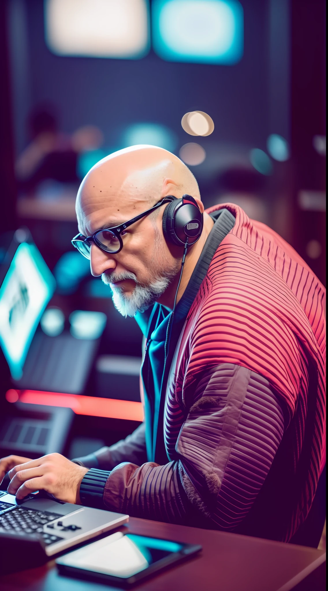 40 year old bald man sitting, computers around, (a huge owl bird on his shoulder), red owl, cyberpunk style, image angle from above, dramatic light, vibrant colors, high quality, high definition, 16k, uhd, severe low lighting, high quality, sharp focus, fujifilm XT3, Fine composition, super detailed, best quality.