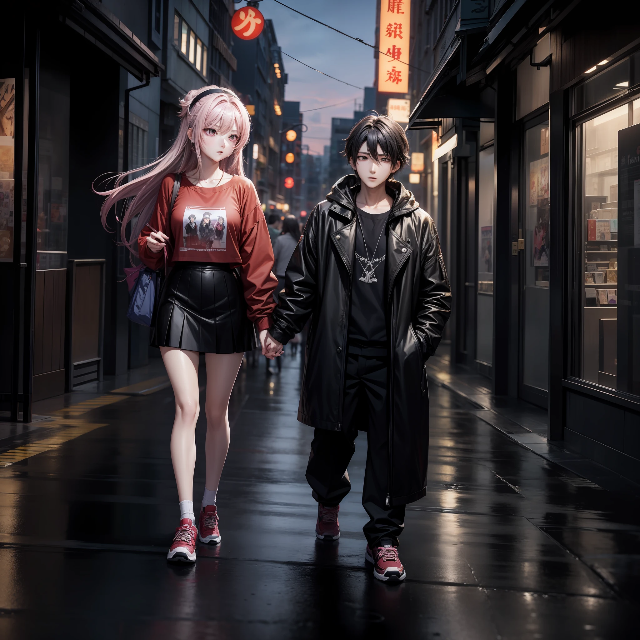 Anime image of a couple walking on the streets of the city, Guviz-style artwork, Guviz, trends on CGstation, popularity of CGSTATION, Cai Xukun, visual novel CG, Kavasi, Zmonzheng, inspired by Bian Shoumin, Cheng Yanjun, high-quality fan art, smooth anime CG art, sky full of money
