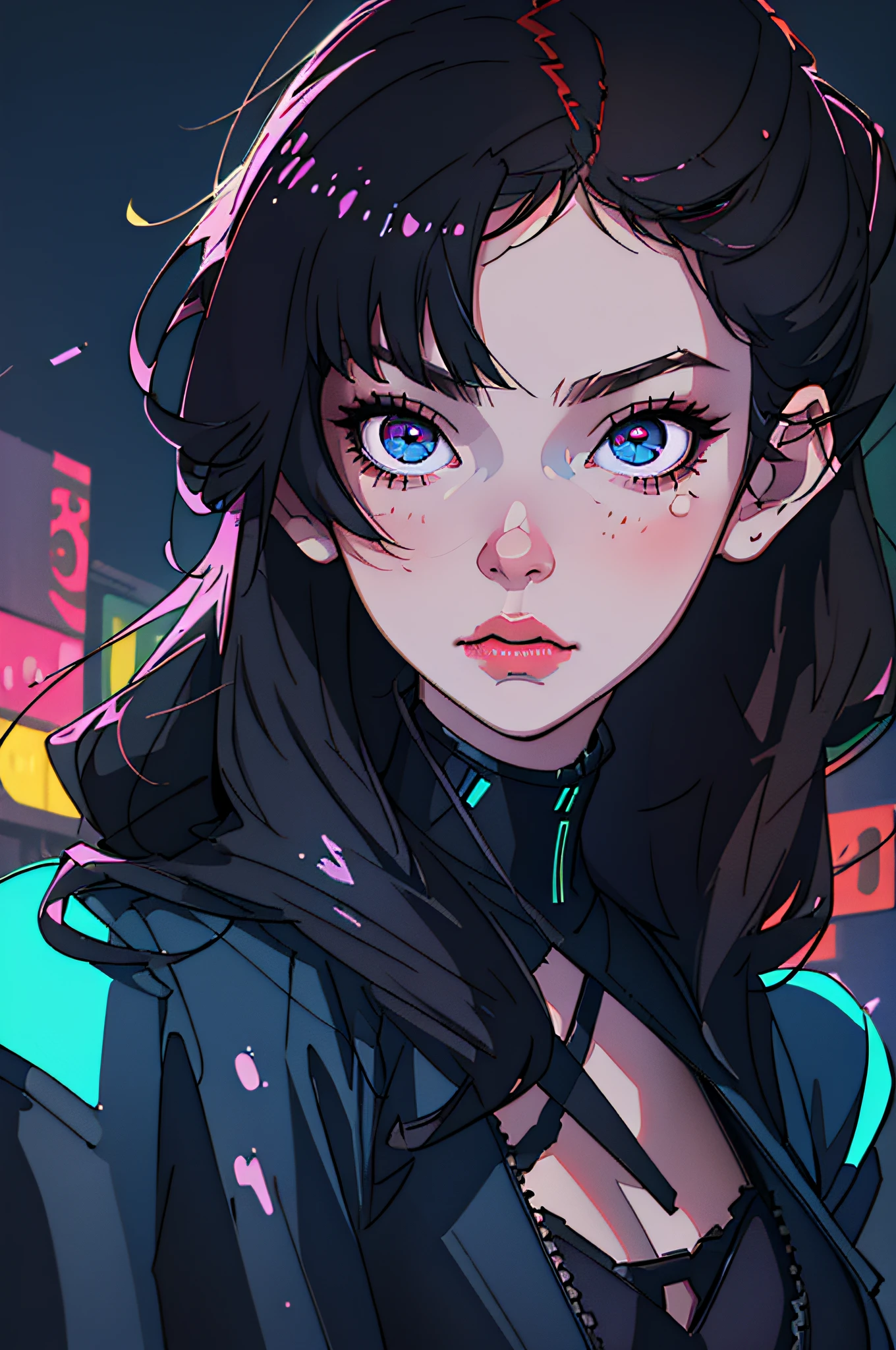 (best quality, masterpiece1.2), (detailed eye:1.2), complex detail, depth of field, 1girl, city, cyberpunk, neon, neon lights, night, moon,
