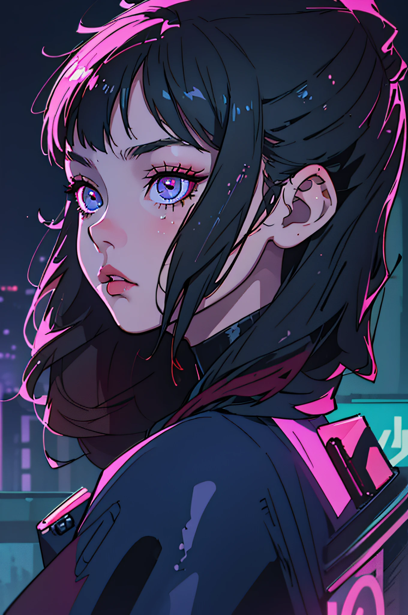 (best quality, masterpiece1.2), (detailed eye:1.2), complex detail, depth of field, 1girl, city, cyberpunk, neon, neon lights, night, moon,