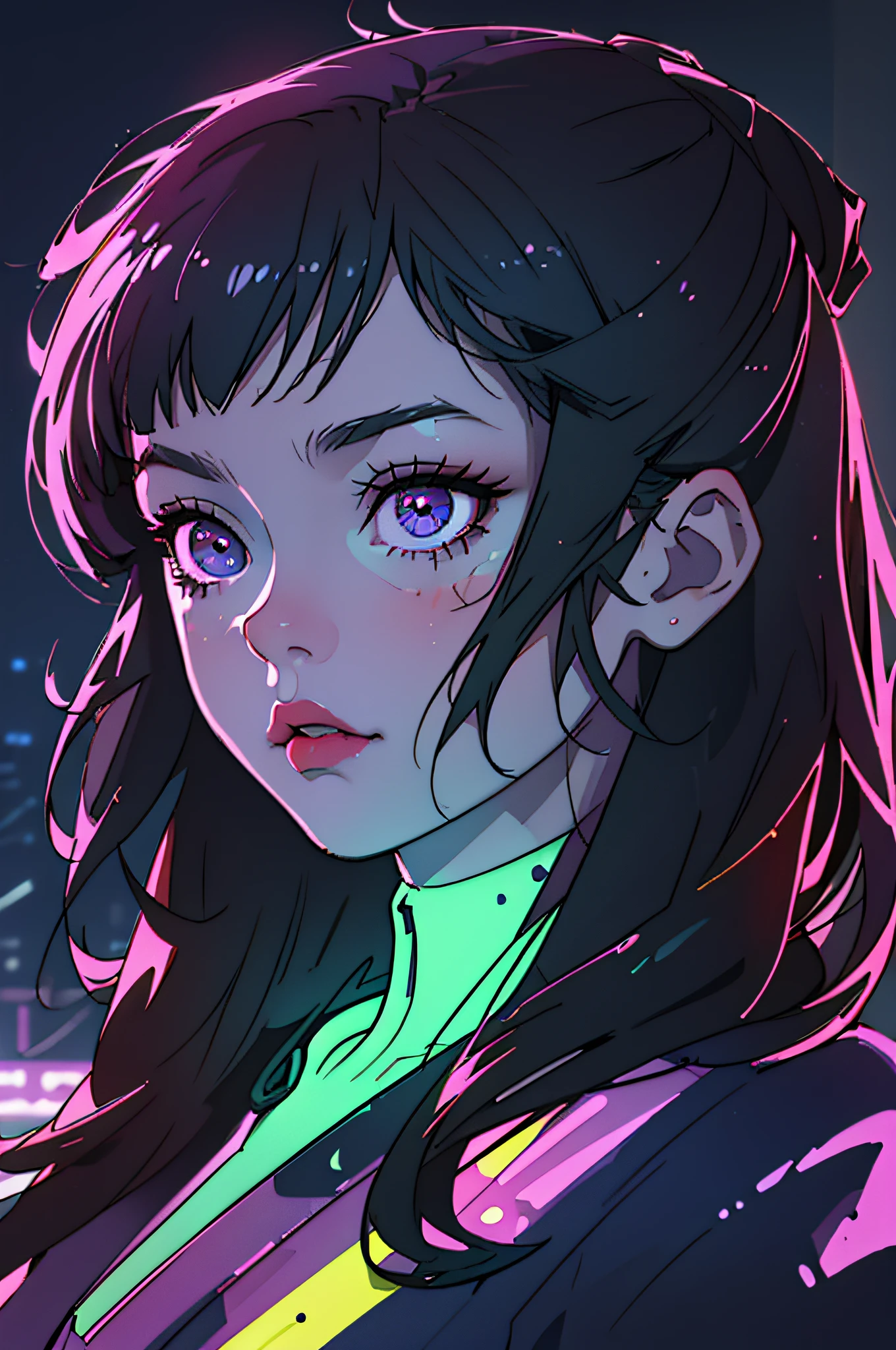 (best quality, masterpiece1.2), (detailed eye:1.2), complex detail, depth of field, 1girl, city, cyberpunk, neon, neon lights, night, moon,