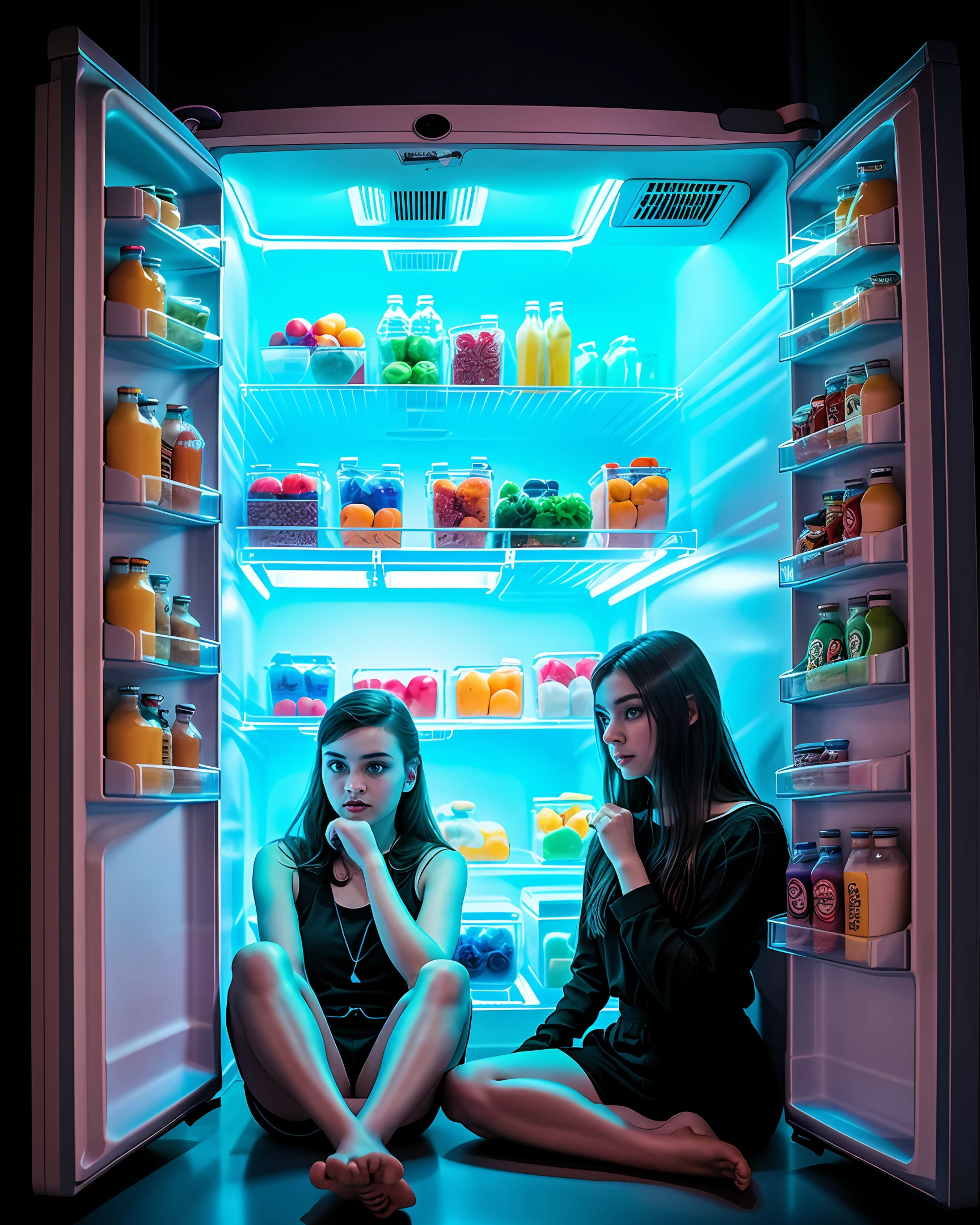 woman sitting on the floor in front of a refrigerator in a dark room, inspired by Elsa Bleda, brandon woelfel, low light photography, low key lighting, fridge, by Adam Marczyński, low key light, standing in a dimly lit room, low - key lighting, low-key lighting, refrigerator, dramatic low-key lighting