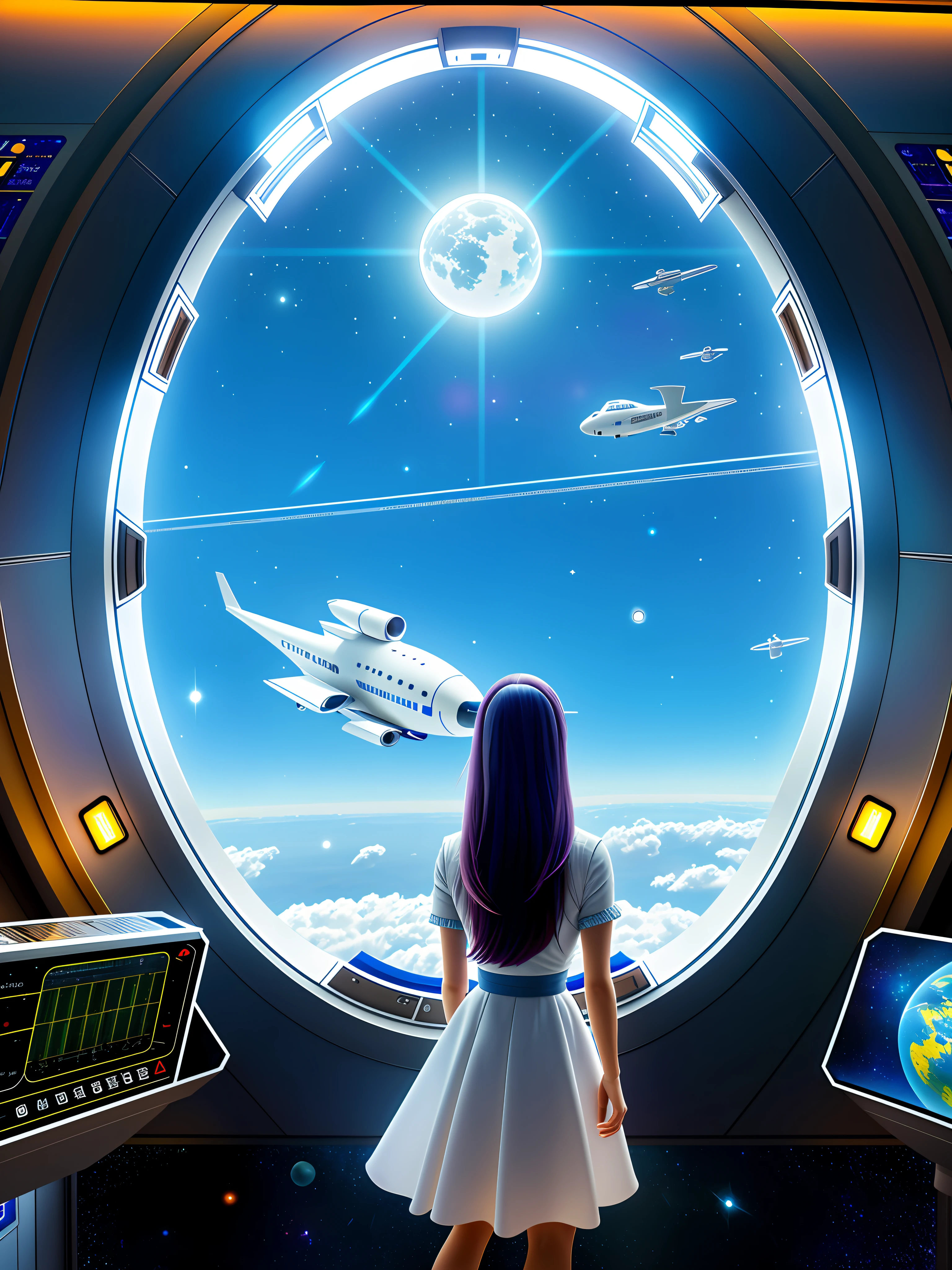 arafed view of a woman looking out a window at a plane, in front of space station window, looking out into space, spaceship window, girl looks at the space, in a space station, girl in space, window into space behind them, in a futuristic spaceship, portal to outer space, space tourism, space seen outside from a window