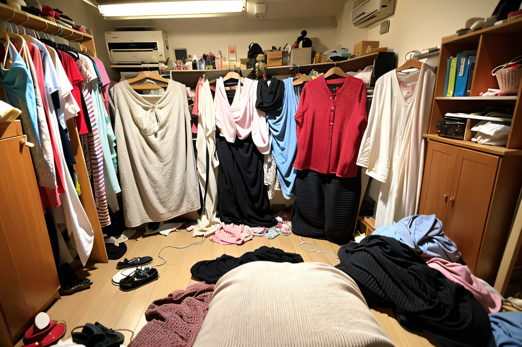 ((Best Quality, 8k, Masterpiece: 1.3)), Sharp Focus, High Quality, High Resolution, Portrait, Solo, Japan Person, Middle Aged Woman, Beauty, 42 Years Old, Wavy Hair, Underwear, Bra, Panties, Wrinkles at the corners of the eyes, Full body, Expressionless, Messy room,