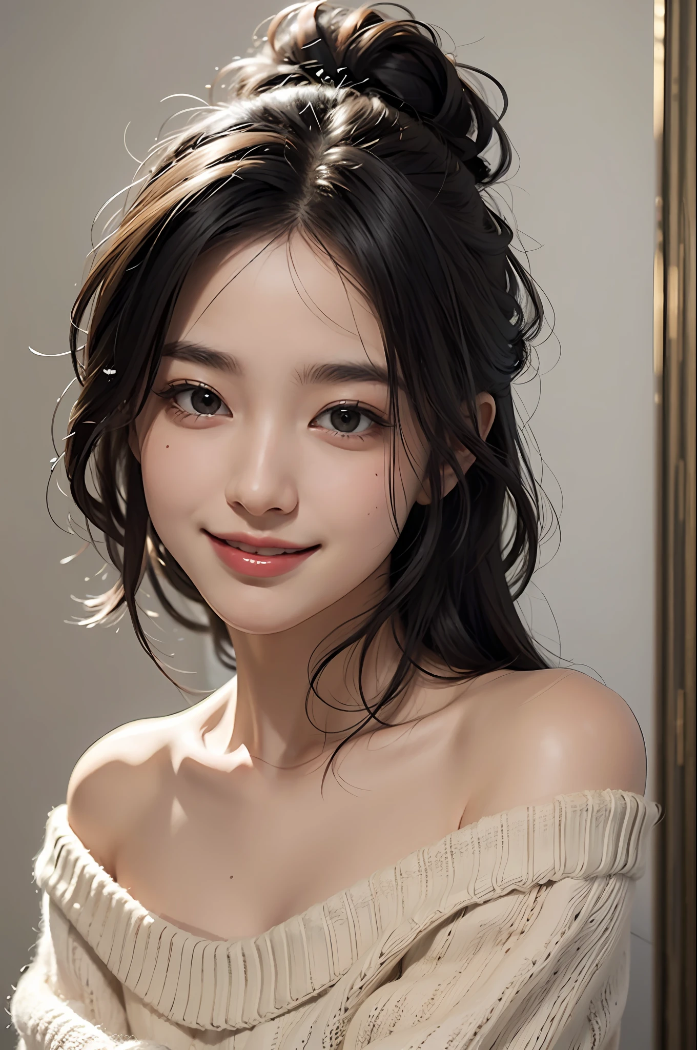 Top Quality, Masterpiece, Ultra High Resolution, Photorealistic, 1 Girl, Off Shoulder, Smile, oversized_sweater, Soft Lighting, Detailed Skin, Black Hair