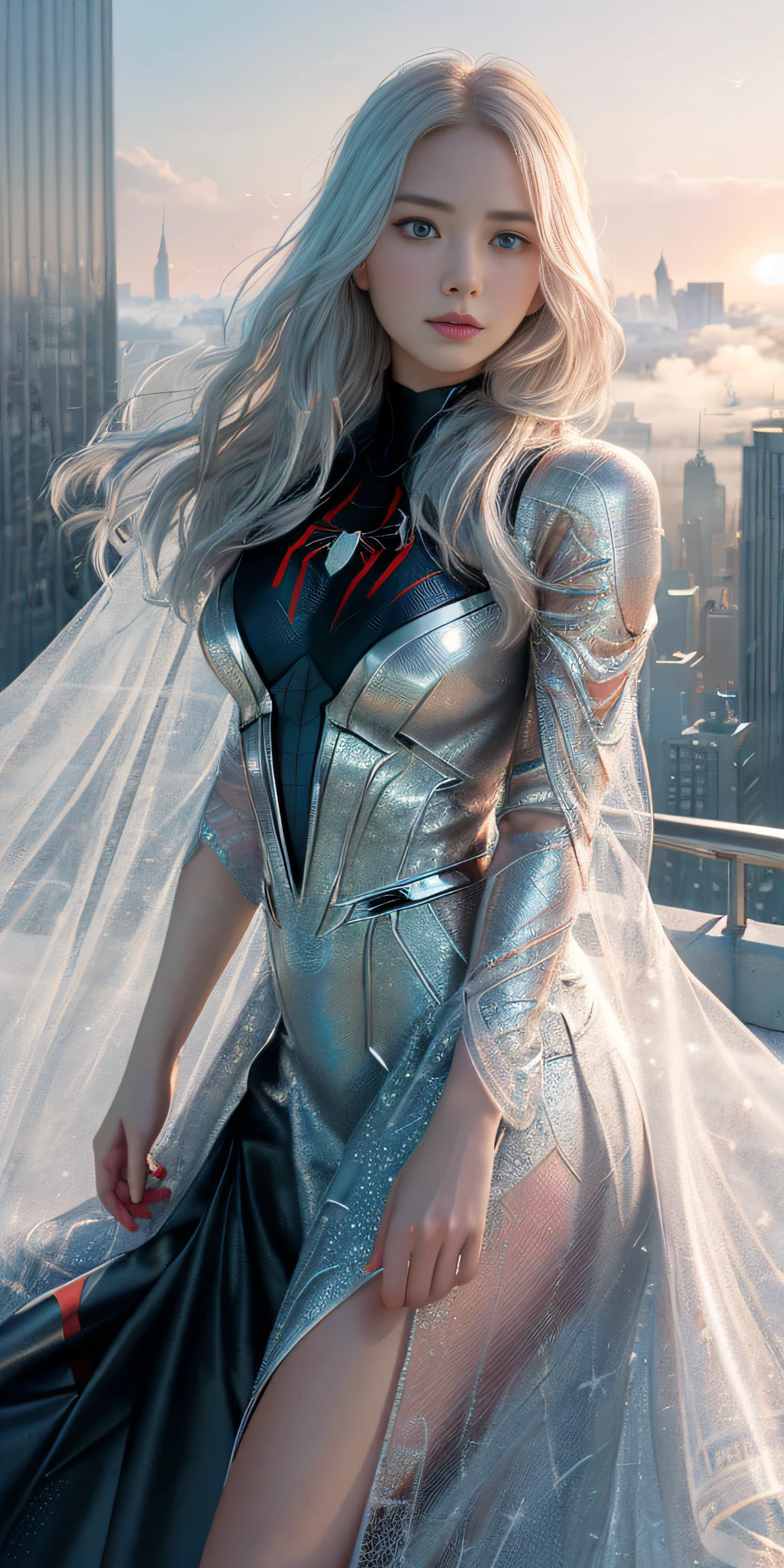 (1girl:1.3), Solo, (((Very detailed face)))), ((Very detailed eyes and face)))), Beautiful details eyes, body parts__, official art, unified 8k wallpaper, super detailed, beautiful and beautiful, beautiful, masterpiece, best quality, original, masterpiece, super fine photo, best quality, super high resolution, realistic realism, sunlight, full body portrait, amazing beauty, silver long hair, dynamic pose, delicate face, vibrant eyes, (from the front), she wears a Spider-Man suit, white-red-black color scheme, spider, very detailed city roof background, rooftop, overlooking the city, detailed face, detailed complex busy background, messy, gorgeous, milky white, highly detailed skin, realistic skin details, visible pores, clear focus, volumetric fog, 8k uhd, DSLR, high quality, film grain, fair skin, photo realism, lomography, futuristic dystopian giant metropolis, translucent