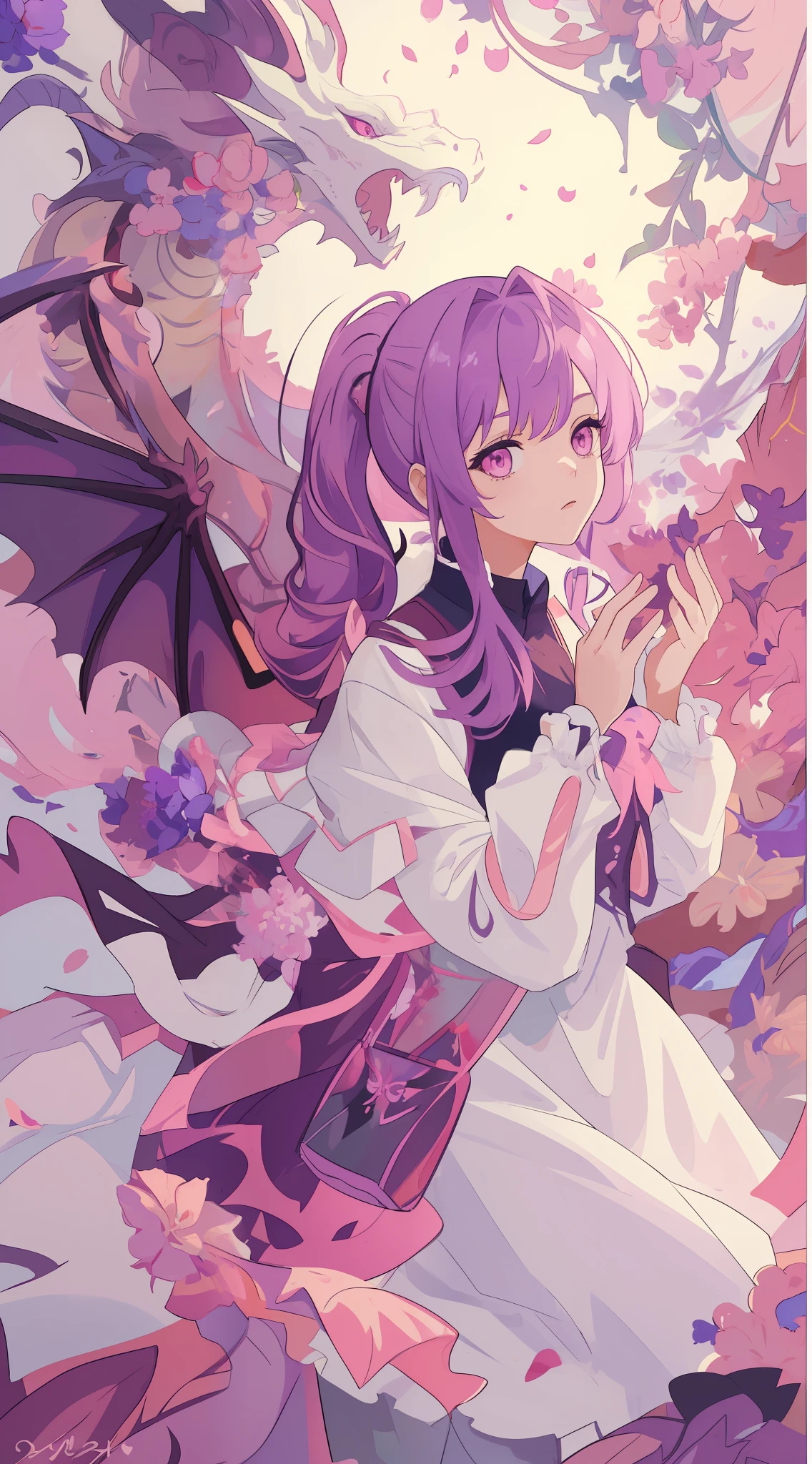 ((Masterpiece, Best Quality)), (Negative Space: 1.2), (1 Girl, Solo: 1.4), Petals, Pink Eyes, Dragon Girl, Long, Purple Hair, High Ponytail, Liquid Hair, Flowers, Dragon Background