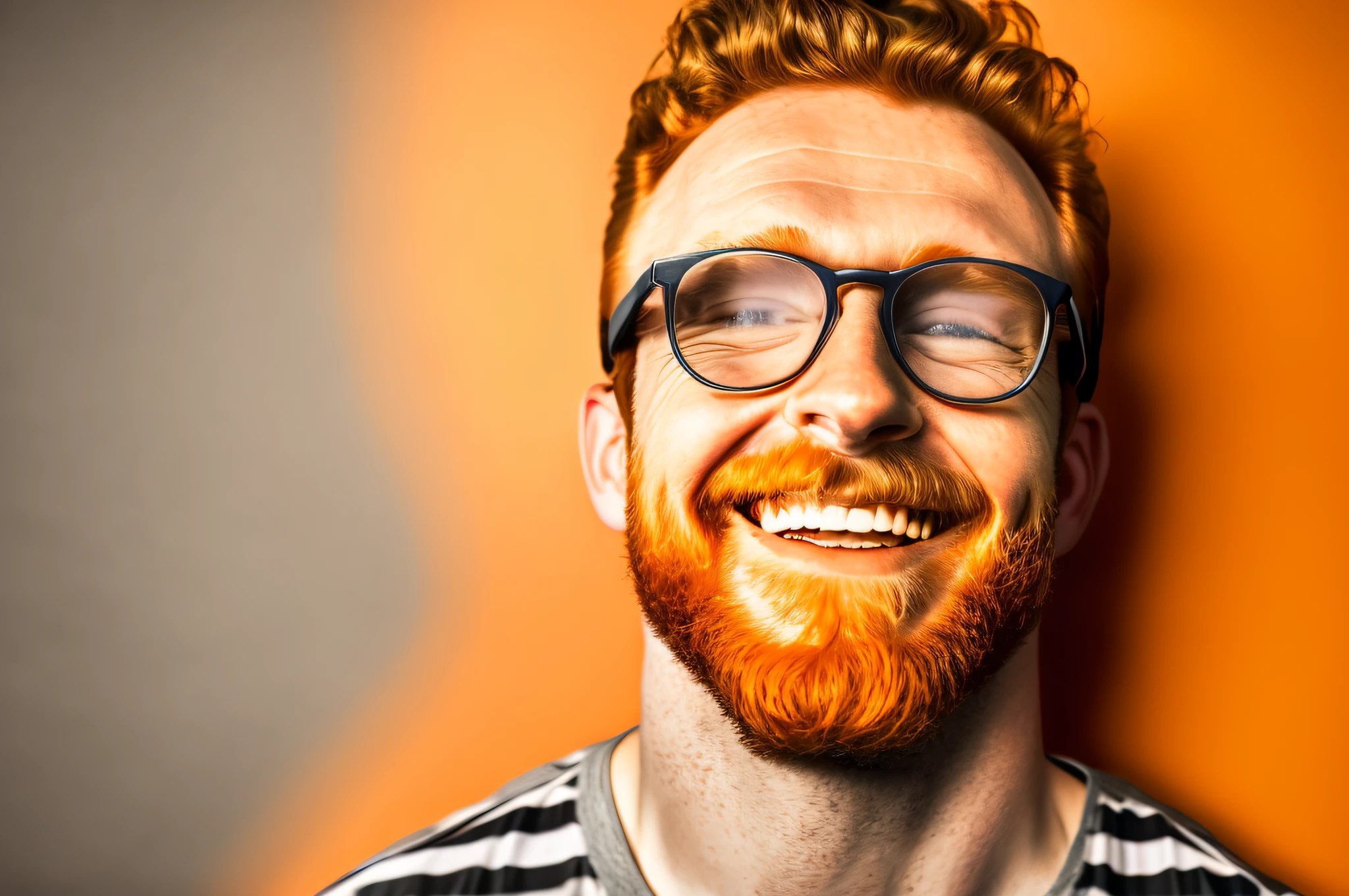 smiling man with glasses and beard wearing grey shirt and gray shirt, man with glasses, smiling man, smiling male, attractive man, man in his 30s, slight nerdy smile, ginger bearded man with glasses, high quality portrait, expressive happy smug expression, thick - rimmed glasses, laughing man, in front of an orange background, man finds happiness