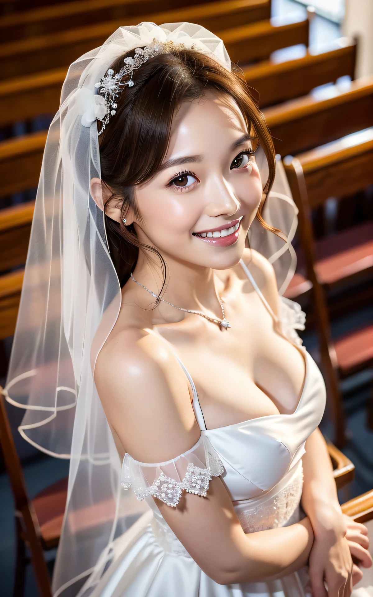 (Masterpiece: 1.4), (Hyper Realistic: 1.4), (Best Quality, 16k, 32k, Masterpiece, UHD: 1.2), Pretty Japan Woman Pictures, 1 Young Girl, Double Eyelids, (Big: 1.2), Sexy Bride, (Pure White Wedding Dress, Wedding Veil)), (Deep Slit: 1.2), (Smile: 1.1), Off Shoulder , ((in church)), cleavage cutout, (overhead shot), (sideboob), (portrait), (from above), (close to viewer), (strong light)