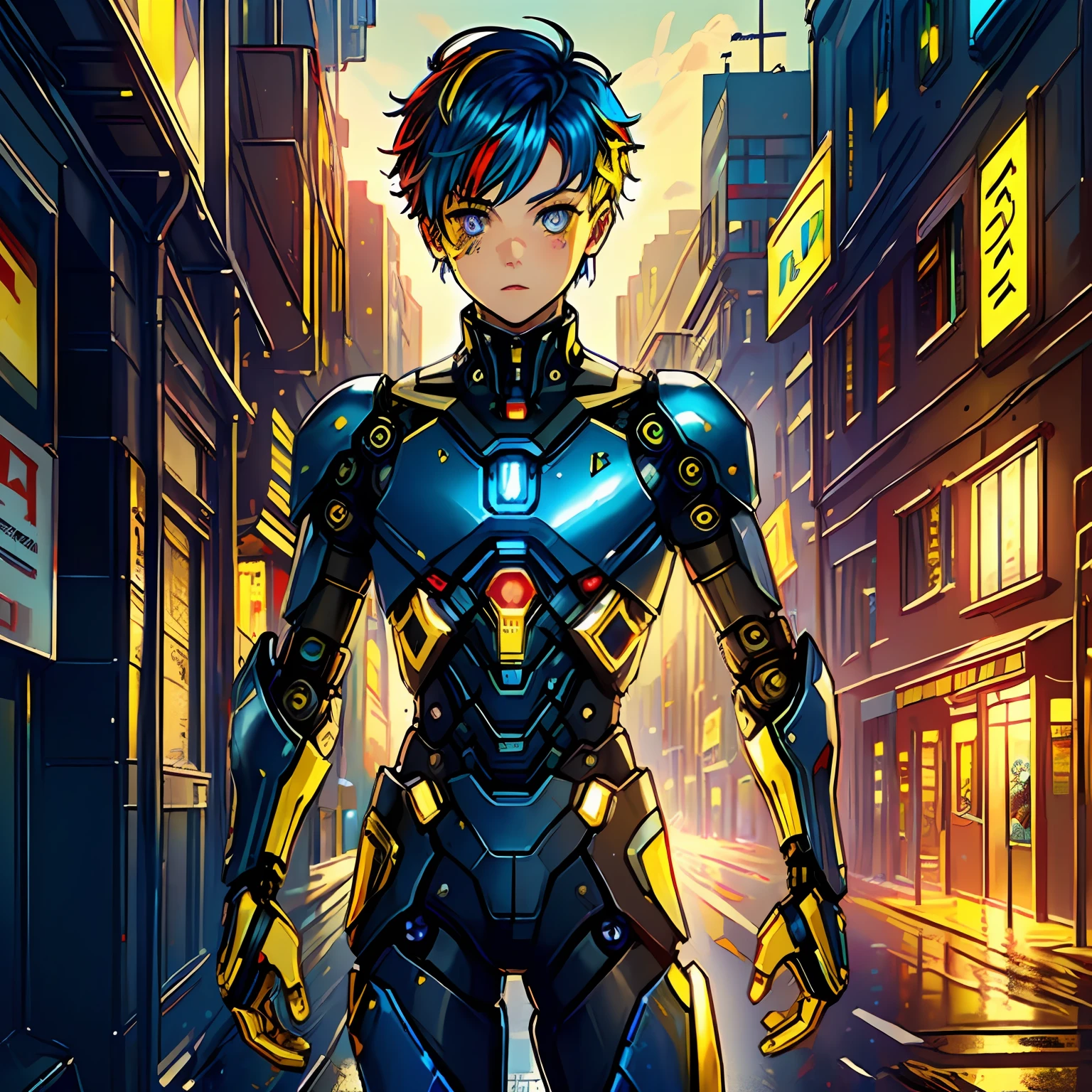 (masterpiece:1.3), (best cinematic quality:1.2), (extremely detailed setting:1), (soft+artistic lighting), (1boy), short blue haired, (eyes+yellow+red:1.4), (multicolored eyes+heterochromia), wearing cyberpunk clothes, futuristic, technological, city scenery with (robots around)0.4], giving dramatic scenery.