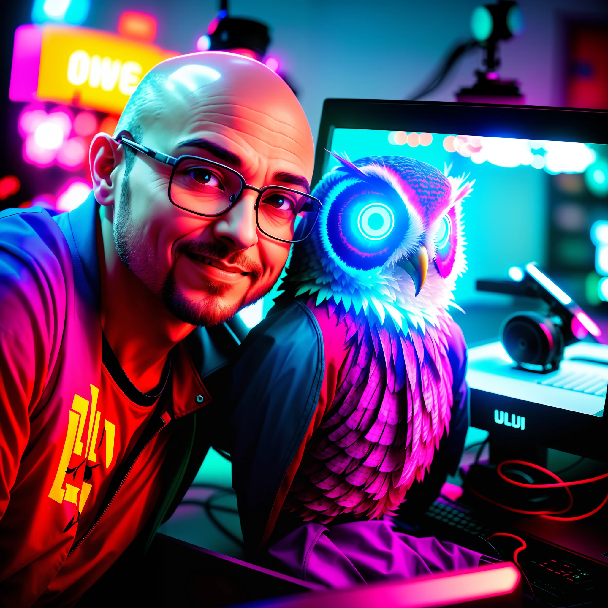 40 year old bald man sitting, computers around, (a huge owl bird on his shoulder), red owl, cyberpunk style, image angle from above, dramatic light, neon blue light with pink, vibrant colors, high quality, high definition, 16k, uhd, severe low lighting, high quality, sharp focus, fujifilm XT3, Fine composition, super detailed, best quality.