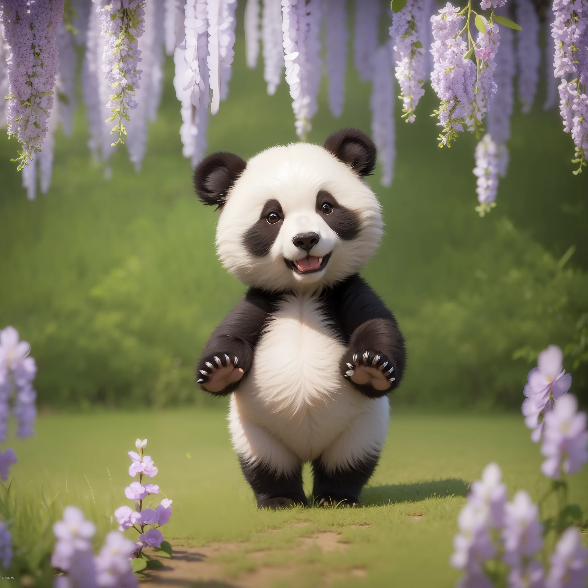 8K, 1 juvenile bear, cute (shiny and shiny hair: 1.5), (exquisite detail depiction: 1.5), cute giant panda named Waka, characteristics of giant panda, round body, white short tail, black limbs, standing on both feet, smiling at the audience, in the wisteria forest, grass, wide-angle lens, HD picture quality, exquisite detail description