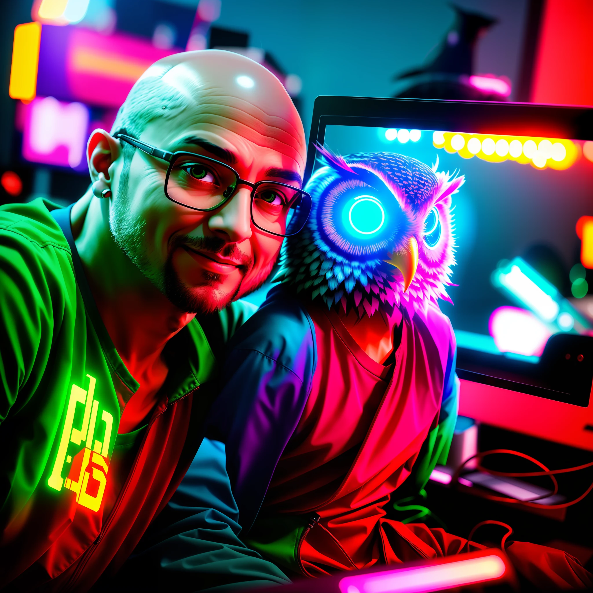 40 year old bald man sitting, computers around, (a huge owl bird on his shoulder), red owl, cyberpunk style, image angle from above, dramatic light, neon blue light with pink, vibrant colors, high quality, high definition, 16k, uhd, severe low lighting, high quality, sharp focus, fujifilm XT3, Fine composition, super detailed, best quality.