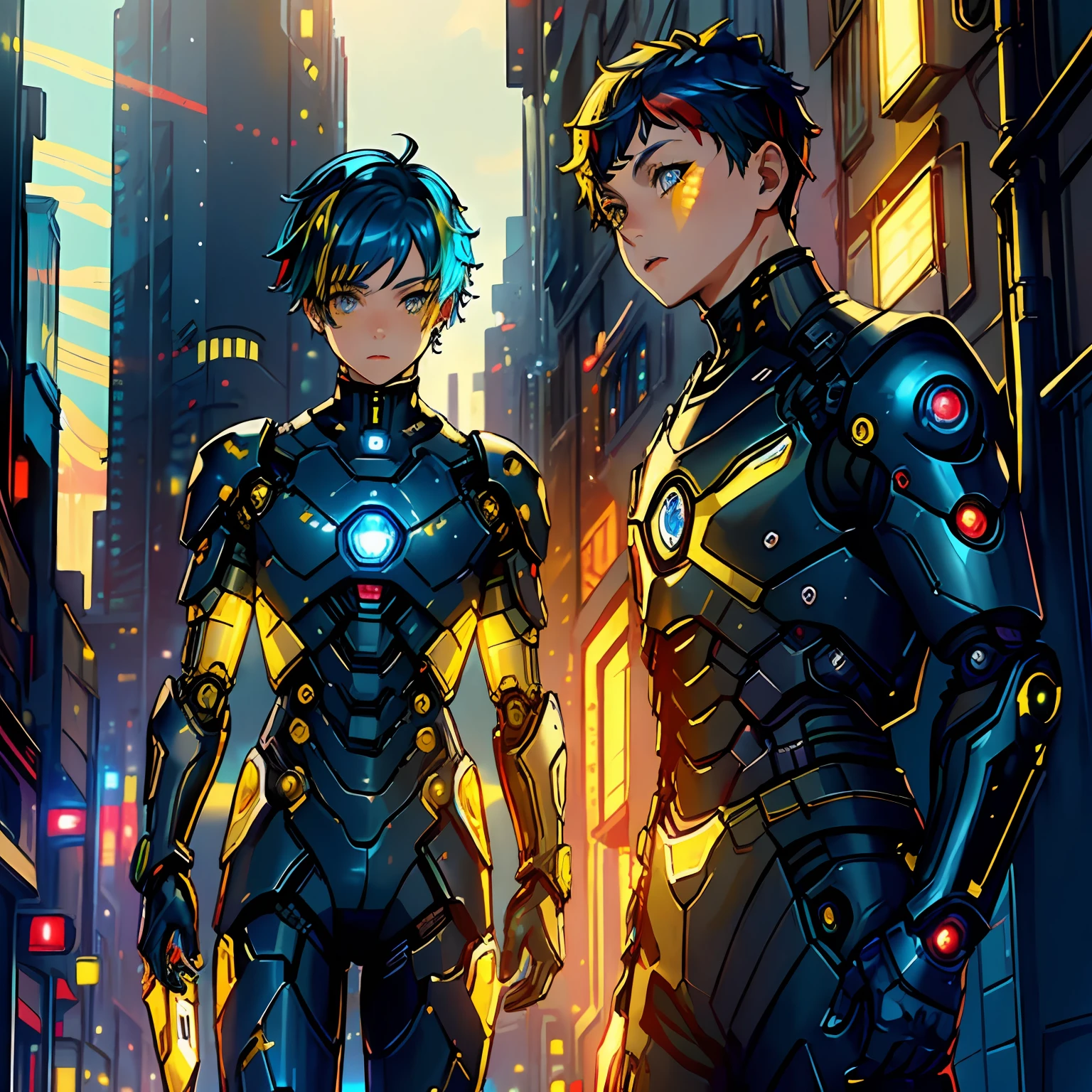 (masterpiece:1.3), (best cinematic quality:1.2), (extremely detailed setting:1), (soft+artistic lighting), (1boy), short blue haired, (eyes+yellow+red:1.4), (multicolored eyes+heterochromia), wearing cyberpunk clothes, futuristic, technological, city scenery with (robots around)0.4], giving dramatic scenery.