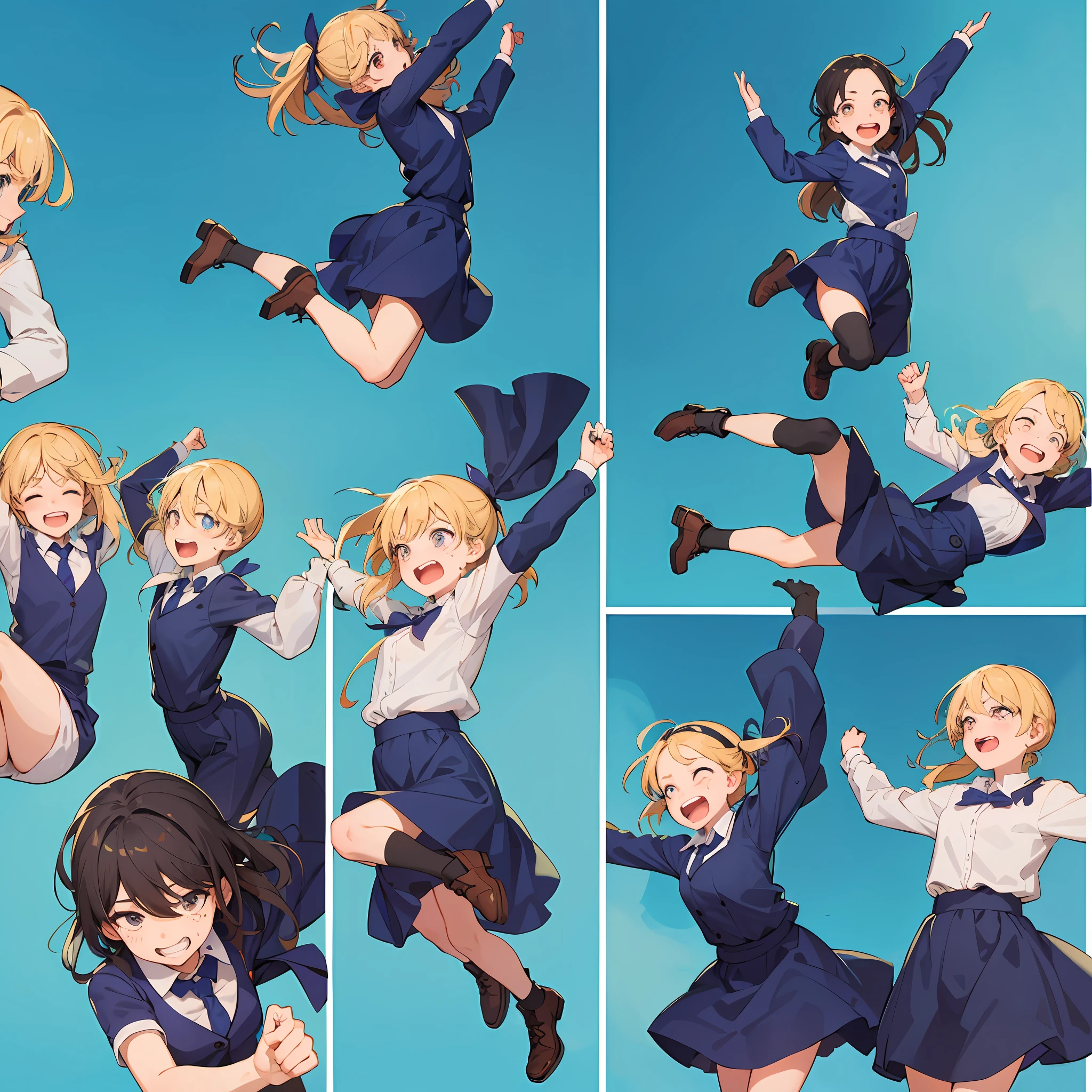 multiple panels of same character in (different expressions and poses), happy, jumping, crying, depressed, scared, detailed eyes,cute face