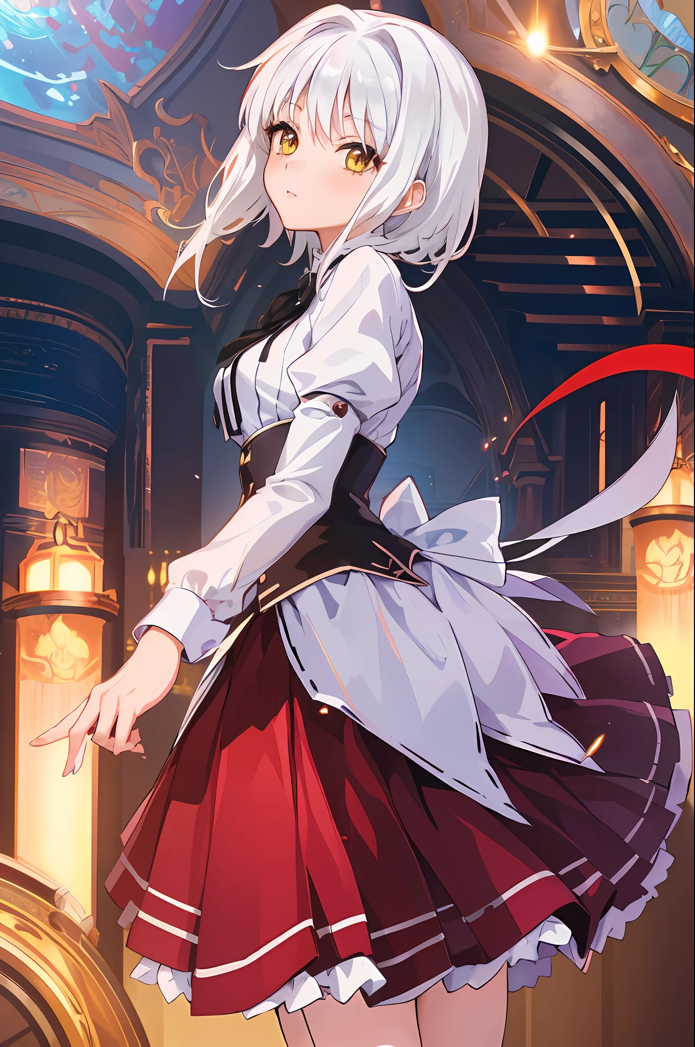 Koneko Toujou (DXD), 1girl, white hair, short hair, konekouniform, school uniform, white shirt, skirt, red skirt, black ribbon, black corset, 1girl, clear image:1, (correct anatomy:1.2), (best quality:1.2), best illumination, (best shadow:1.1), highres, (ray tracing:1), reflected light, (high detail clothes:1.3), ((illustration:1.1)), ((masterpiece)), (((best quality))), ((beautiful detailed eyes)), (extremely detailed CG unity 8k wallpaper:1), ((ultra-detailed:1)), colorful, wallpaper, (perfect artwork:1), (beautiful face:1), pure face, Detailed background, (detailed hands, five fingers), beautiful facial features, yellow eyes,