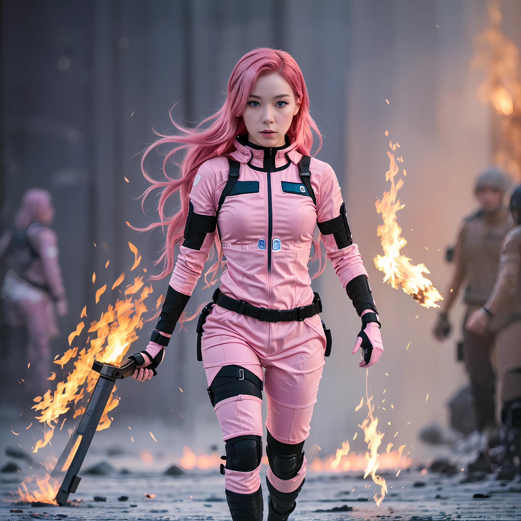 (best quality), (top quality), (realistic photo), (real photo), (full body), woman (half woman and half android, pink hair), no clothes, walking under fire and ice --auto --s2