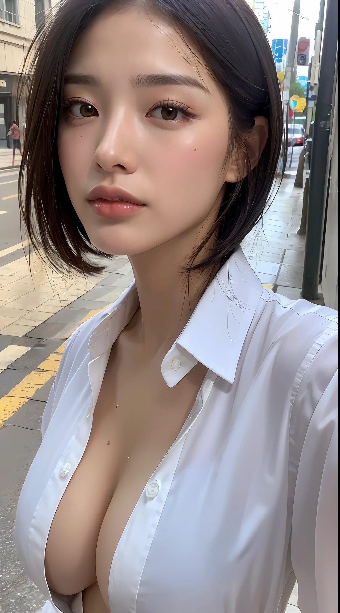 ((Best quality, 8k, Masterpiece: 1.3)), Sharp focus: 1.2, A beautiful woman with perfect body: 1.4, Slim abdomen: 1.2, ((Layered haircut, Large breasts: 1.2)), (no bra) (Small and beautiful hard nipple) (Thin and damp button up to shirt length: 1.1), (White shirt wet by rain), (Rain, Street: 1.2), Wet body: 1.1, Highly detailed face and skin texture,  Detailed eyes, Double eyelid, tanned skin, sexy, tan